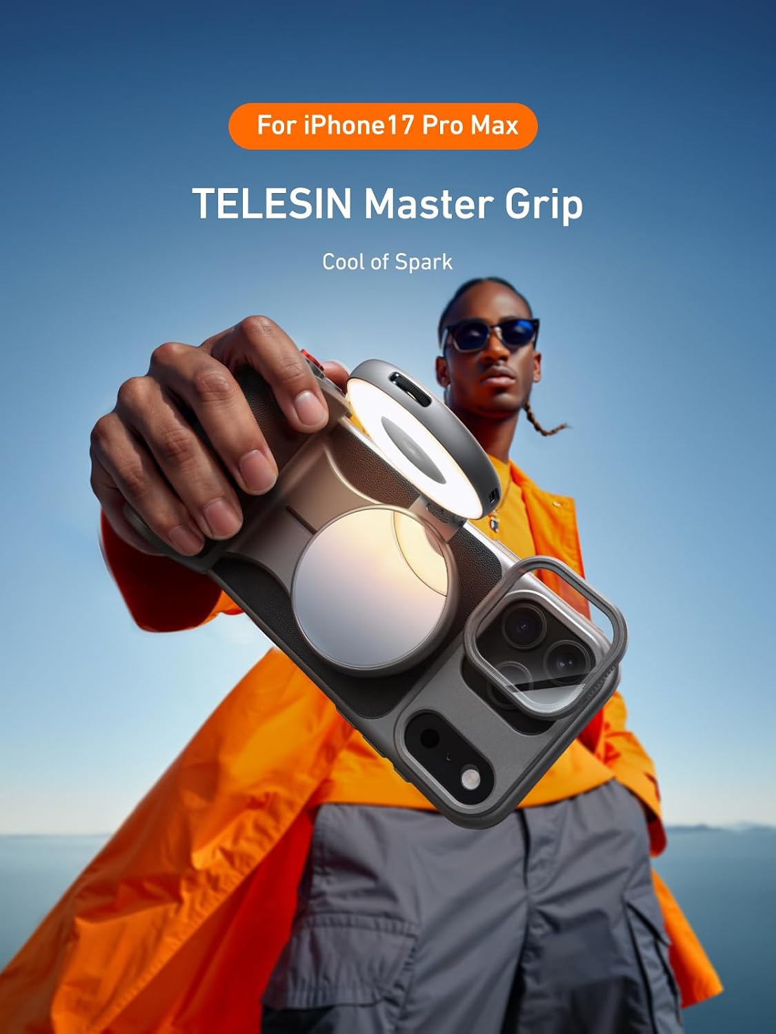 TELESIN Master Grip with C03 Selfie Light Universal for iPhone/MagSafe | Magnetic Phone Camera Grip Creator Kit Built 3200mAh Battery Wireless Charging -【Graphene Case Only For iPhone 17 Pro Max】