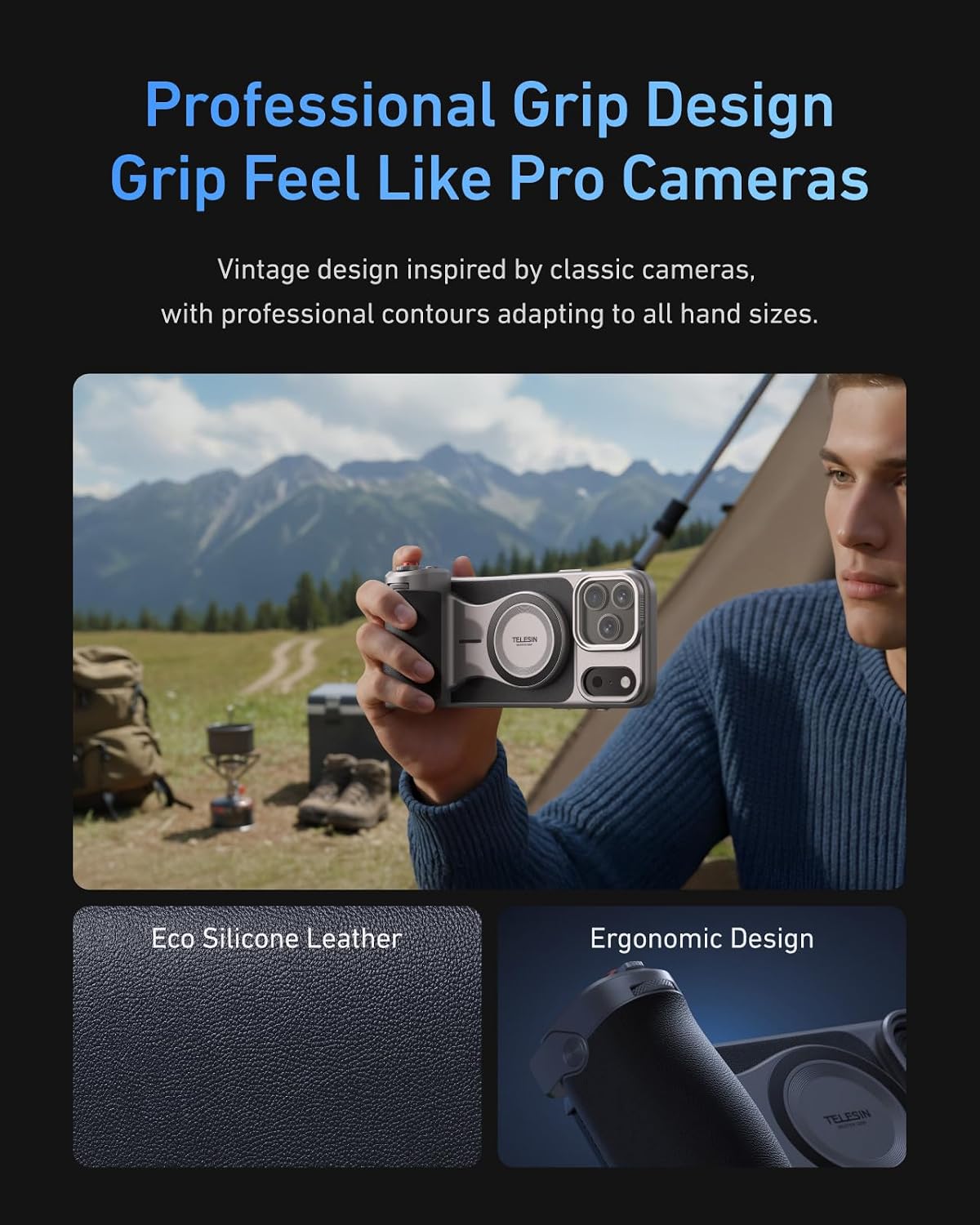 TELESIN Master Grip with C03 Selfie Light Universal for iPhone/MagSafe | Magnetic Phone Camera Grip Creator Kit Built 3200mAh Battery Wireless Charging -【Graphene Case Only For iPhone 17 Pro Max】