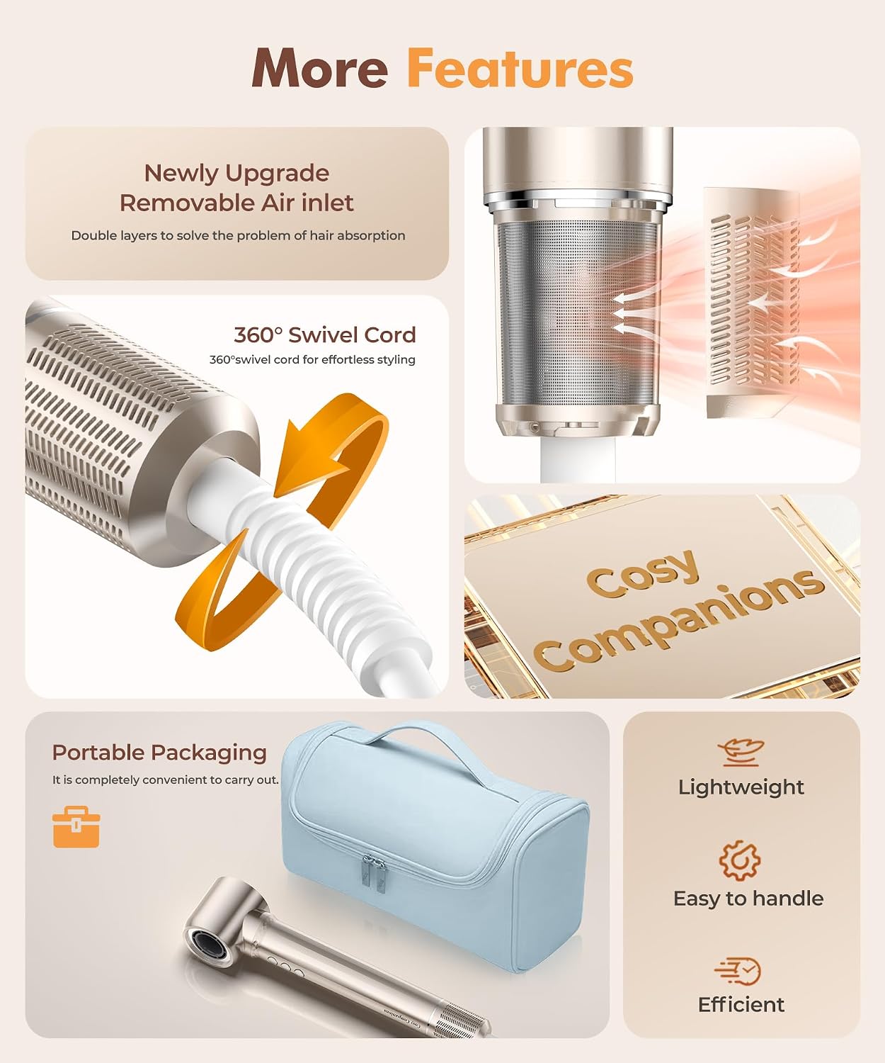 Cosy Companions 6 in-1 Hair Dryer Brush. 150.000 RPM High-Speed Negative Ionic. Blow Dryer Brush for Fast Drying. Hot Air Brush for Curling/Volumizing/Straightening with Travel Bag. Gold