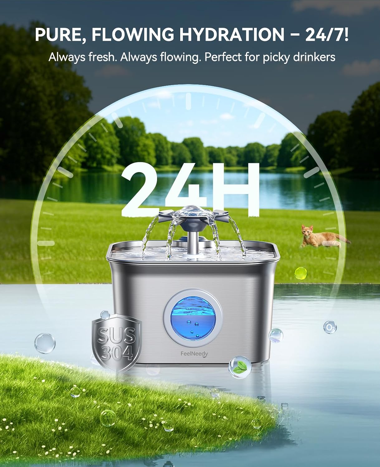 Stainless Steel Cat Water Fountain. 99oz/2.8L Auto Pet Drinking Fountain with 20dB Ultra-Quiet Pump- Ideal for Timid Pets. LED Water Level Window. Dishwasher Safe. 24/7 Circulating Flow - FEELNEEDY