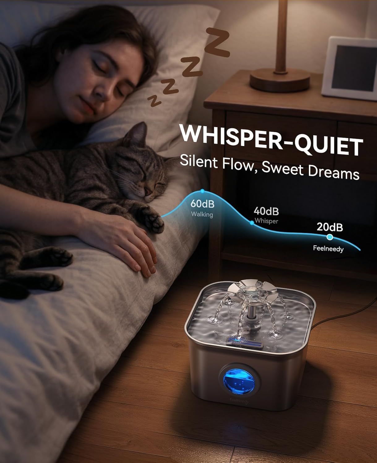 Stainless Steel Cat Water Fountain. 99oz/2.8L Auto Pet Drinking Fountain with 20dB Ultra-Quiet Pump- Ideal for Timid Pets. LED Water Level Window. Dishwasher Safe. 24/7 Circulating Flow - FEELNEEDY