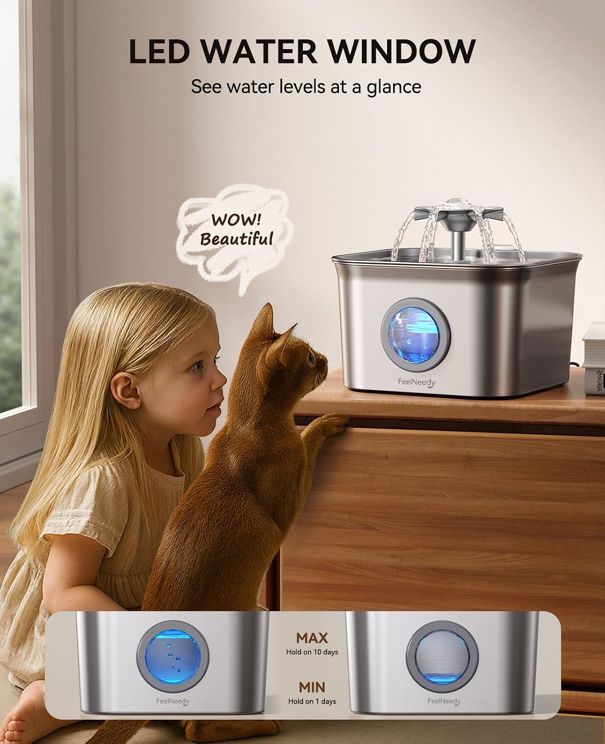 Stainless Steel Cat Water Fountain. 99oz/2.8L Auto Pet Drinking Fountain with 20dB Ultra-Quiet Pump- Ideal for Timid Pets. LED Water Level Window. Dishwasher Safe. 24/7 Circulating Flow - FEELNEEDY