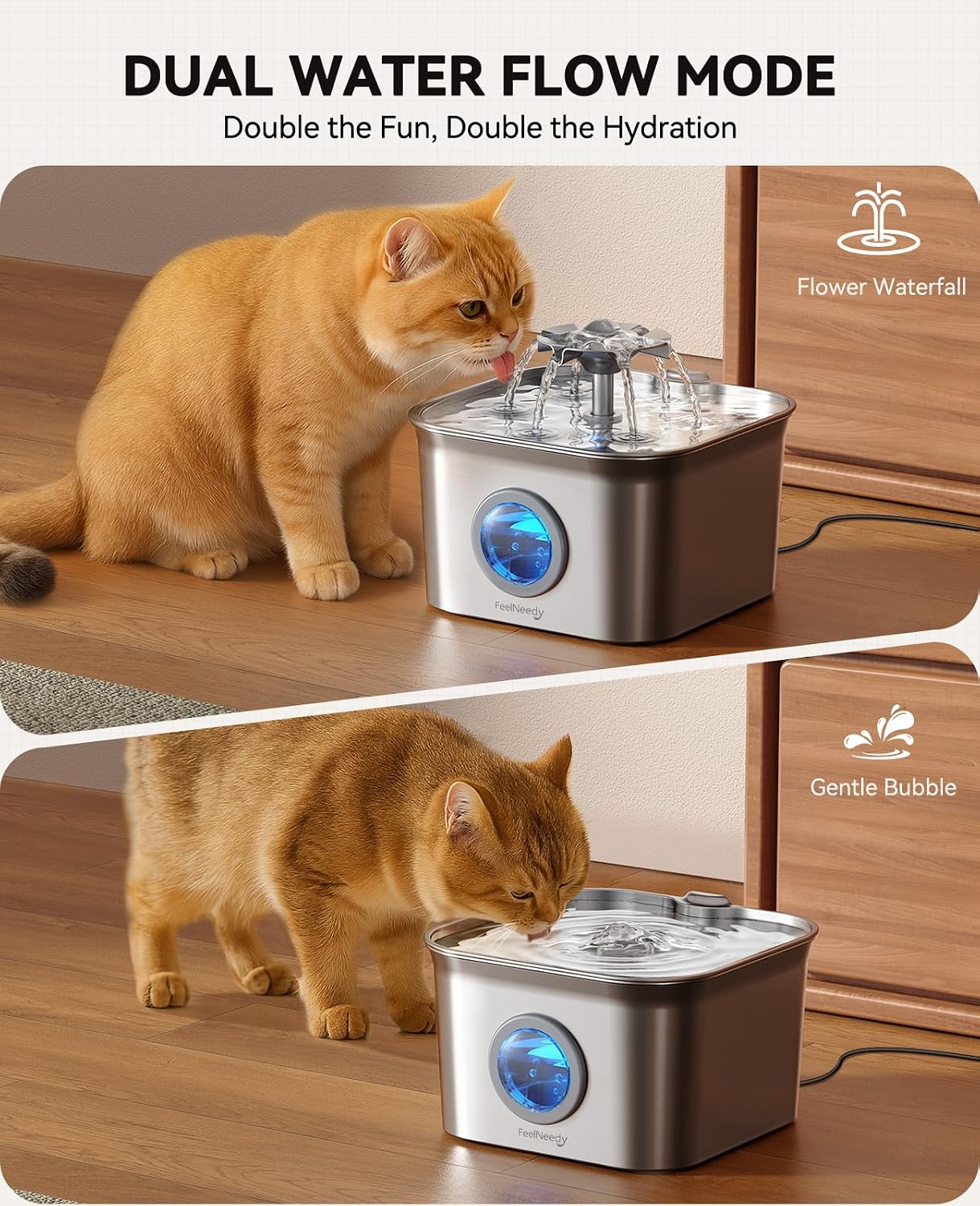 Stainless Steel Cat Water Fountain. 99oz/2.8L Auto Pet Drinking Fountain with 20dB Ultra-Quiet Pump- Ideal for Timid Pets. LED Water Level Window. Dishwasher Safe. 24/7 Circulating Flow - FEELNEEDY