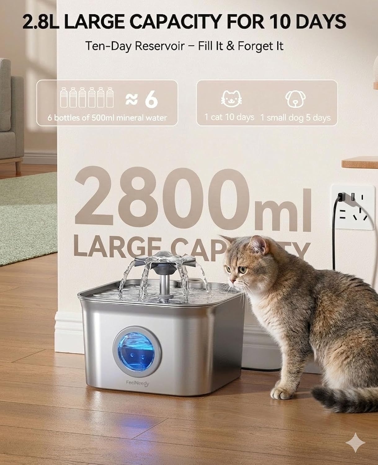 Stainless Steel Cat Water Fountain. 99oz/2.8L Auto Pet Drinking Fountain with 20dB Ultra-Quiet Pump- Ideal for Timid Pets. LED Water Level Window. Dishwasher Safe. 24/7 Circulating Flow - FEELNEEDY
