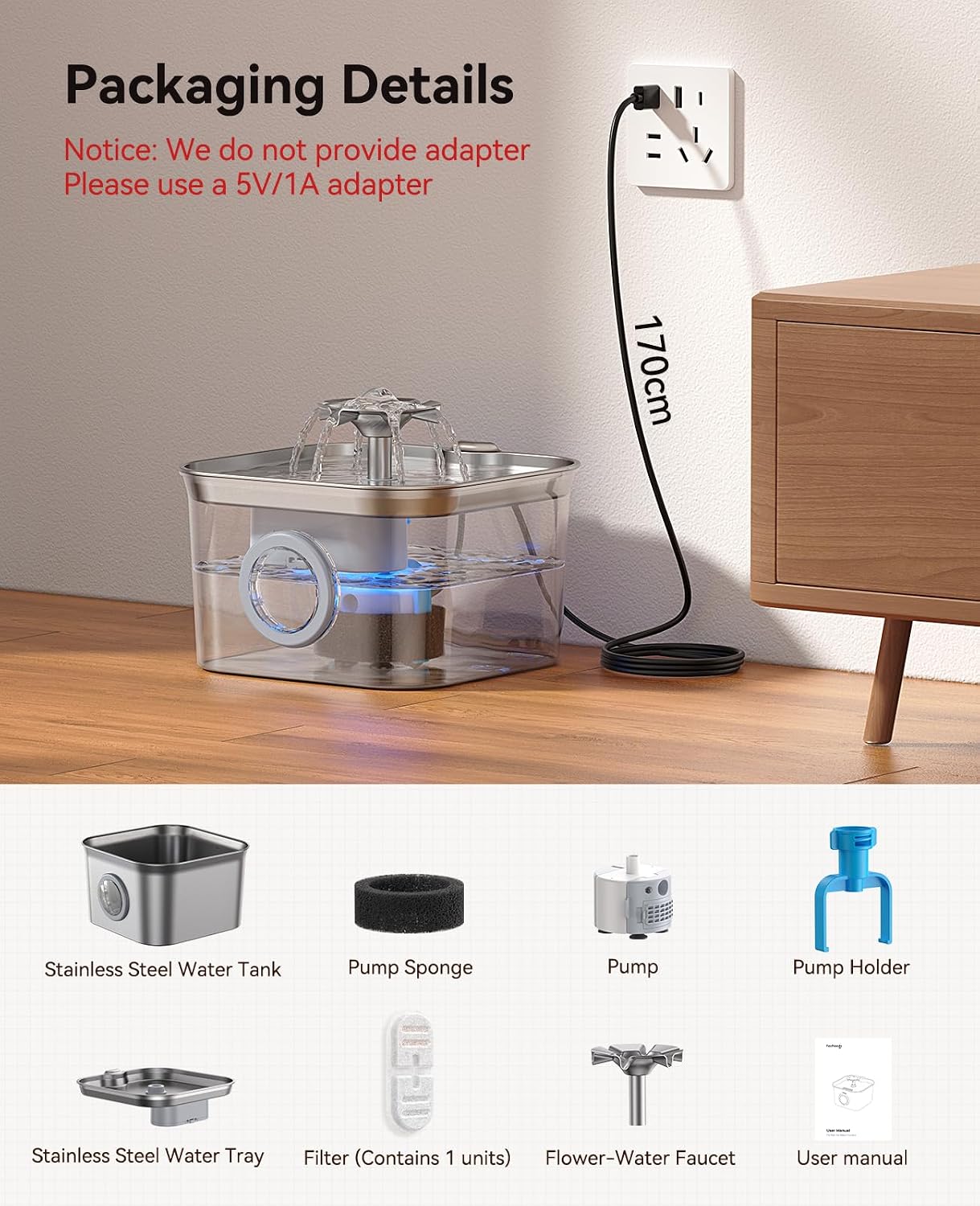 Stainless Steel Cat Water Fountain. 99oz/2.8L Auto Pet Drinking Fountain with 20dB Ultra-Quiet Pump- Ideal for Timid Pets. LED Water Level Window. Dishwasher Safe. 24/7 Circulating Flow - FEELNEEDY