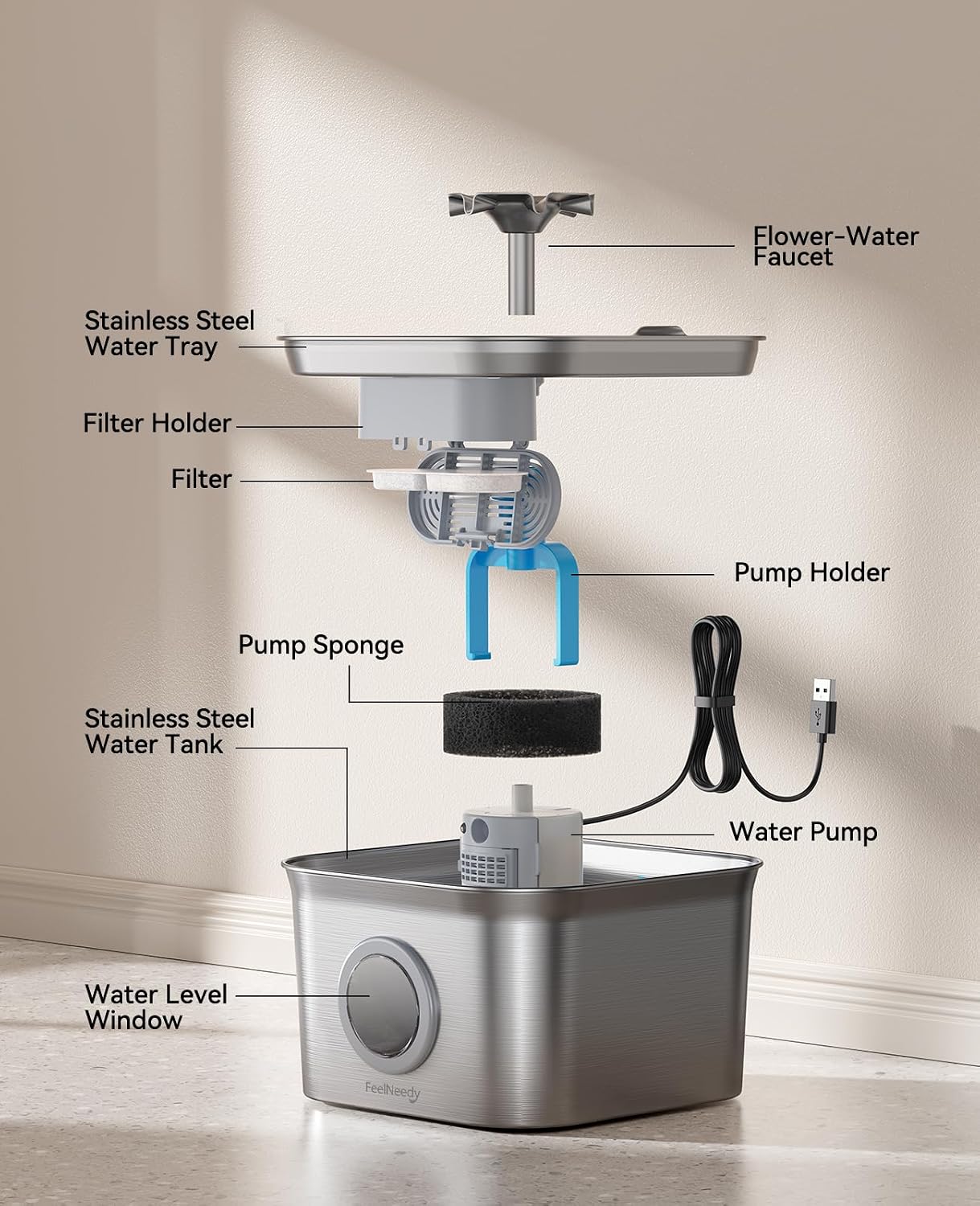 Stainless Steel Cat Water Fountain. 99oz/2.8L Auto Pet Drinking Fountain with 20dB Ultra-Quiet Pump- Ideal for Timid Pets. LED Water Level Window. Dishwasher Safe. 24/7 Circulating Flow - FEELNEEDY
