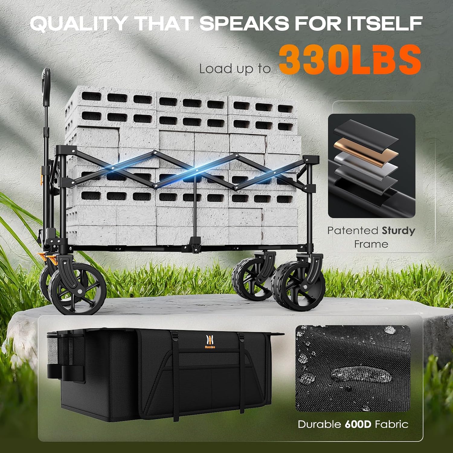 Navatiee Big Wheels Collapsible Wagon Cart Foldable. Heavy Duty Beach Wagon with Silent All-Terrain Wheels. Folding Utility Grocery Cart with Side Pocket and Brakes for Camping Garden Sports. Black