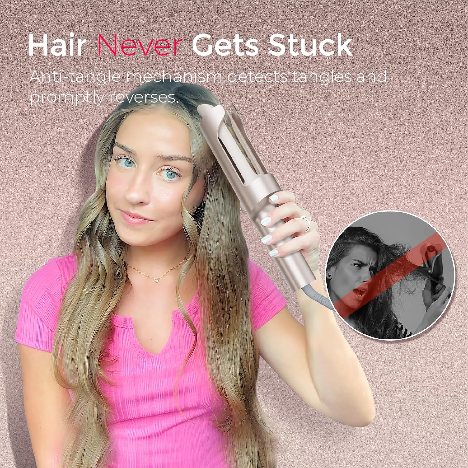 TYMO CurlPro Plus Automatic Rotating Curling Iron - Upgraded Long Barrel Curling Wand for Beach Waves & Long Hair. Ceramic Hair Curler for Women. Anti-Scald. 600M Ionic. Dual Voltage. Gold. 1 Inch