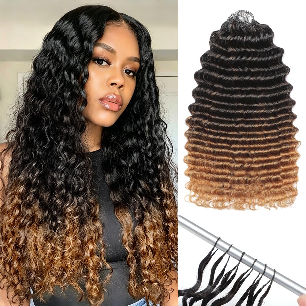 Pre Separated Feather Crochet Human Hair Ombre 24 Inch 125g Deep Wave Human Crochet Hair for Black Women Invisible Crochet Hair Extensions Human Hair Crochet Bundles 100 Strands T27#