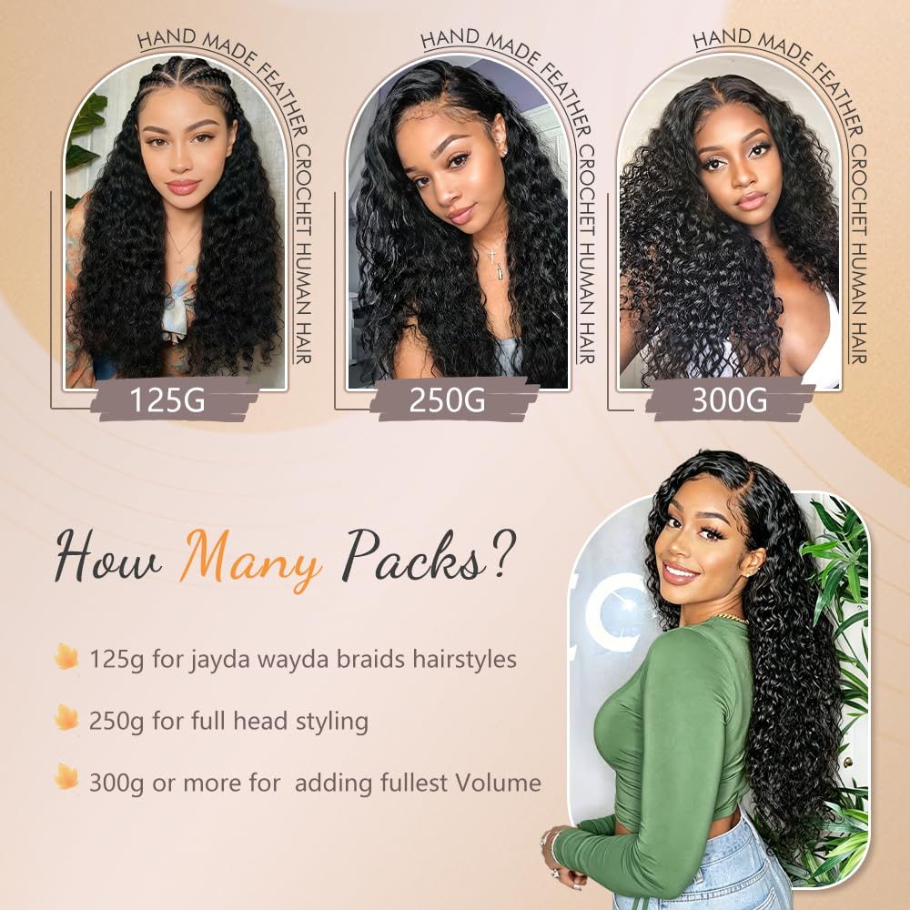 Pre Separated Feather Crochet Human Hair Ombre 24 Inch 125g Deep Wave Human Crochet Hair for Black Women Invisible Crochet Hair Extensions Human Hair Crochet Bundles 100 Strands T27#