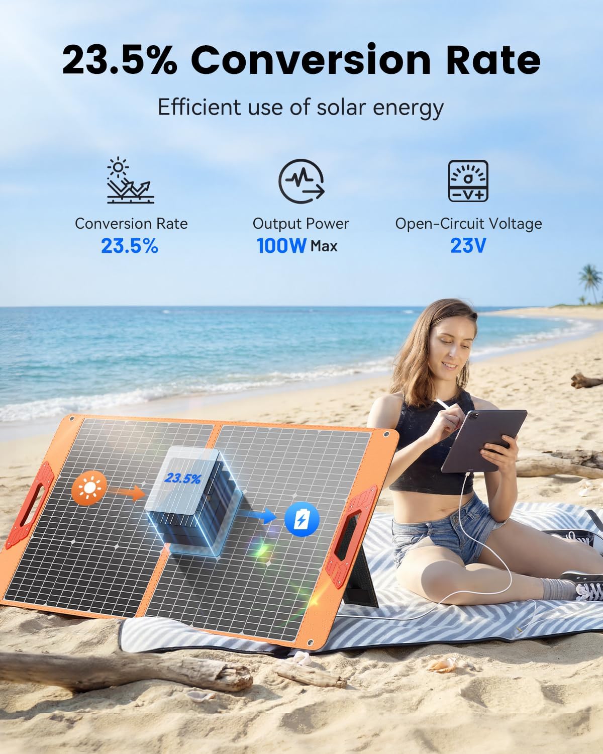 SOLUPUP 100W Portable Solar Panel for Power Station. 23.5% High Efficiency Foldable Solar Charger with DC/XT60/Anderson Cable. QC3.0 USB Outputs. IP65 Waterproof for Outdoor Camping RV Off-Grid