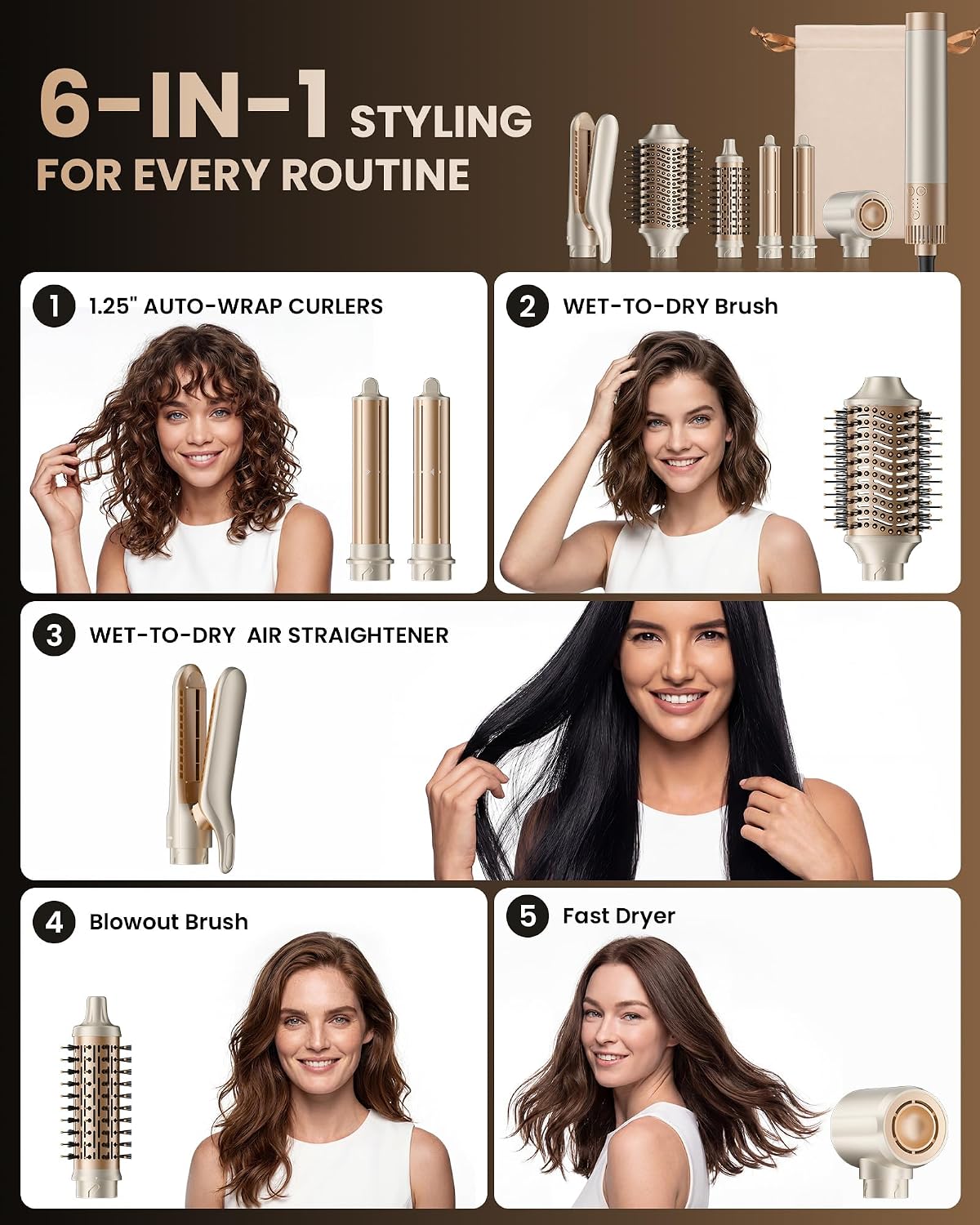 MESCOMB 6 in 1 Wet to Dry Air Straightener & Blow Dryer. 1500W Hot Air Styler Wrap. Fast Drying Blowout Brush with Negative Ion Care for Smoothing. Curling. Volumizing and Frizz Control