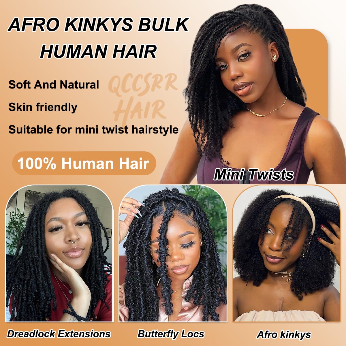 Afro Kinkys Bulk Human Hair 2 Bundles 22 Inch 50g/Pack - Afro Kinky-Curly Human Hair Bulk For Mini Twist. Dreadlocks Extensions. Locs Repair & Braiding. 100% Human Hair Natural Black.