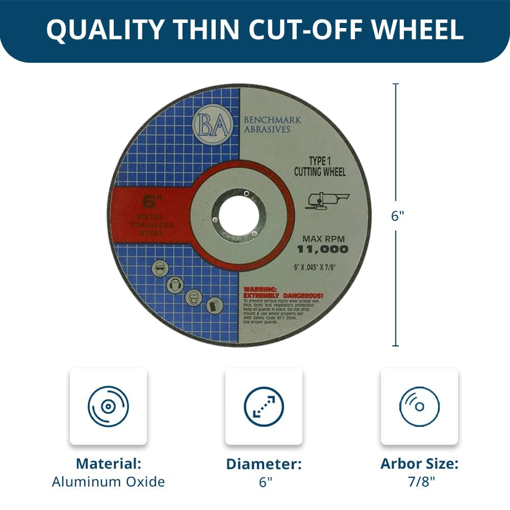 Benchmark Abrasives 6 Aluminum Oxide Self-Sharpening Type 1 Cut Off Wheels | Precise Metal and Steel Cutting. 0.045 Thick. 7/8 Arbor. Angle Grinder Cutting Disc. 100-Count