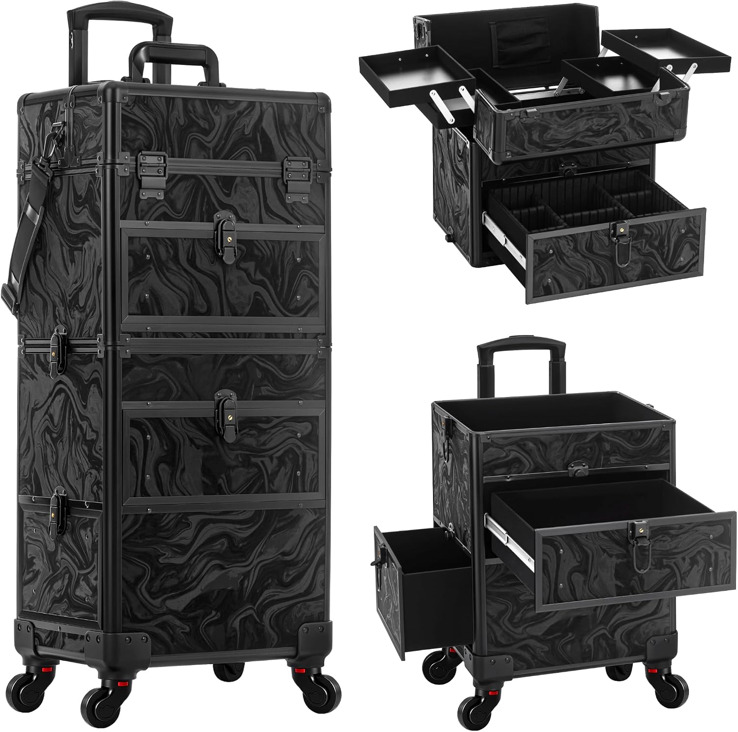 AROUS Rolling Makeup Train Case with Drawers Cosmetology Case on Wheels | 5 in 1 Large Cosmetic Organizer for Hairstylist.Makeup Artist Nail Trolley Cart Salon Storage Traveling Cart Trunk