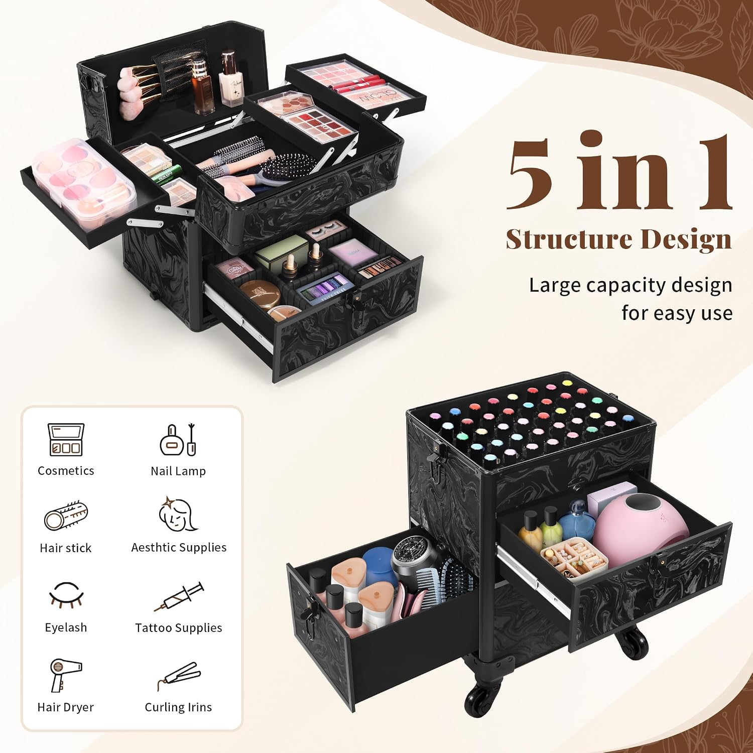 AROUS Rolling Makeup Train Case with Drawers Cosmetology Case on Wheels | 5 in 1 Large Cosmetic Organizer for Hairstylist.Makeup Artist Nail Trolley Cart Salon Storage Traveling Cart Trunk