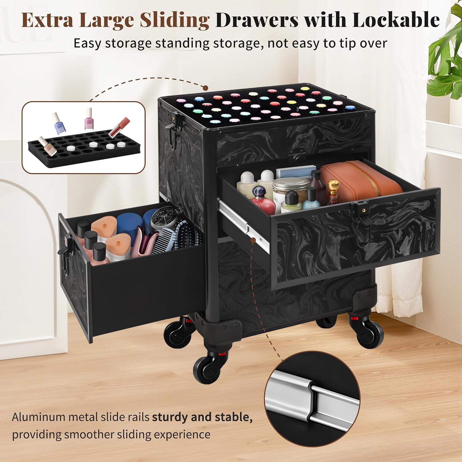 AROUS Rolling Makeup Train Case with Drawers Cosmetology Case on Wheels | 5 in 1 Large Cosmetic Organizer for Hairstylist.Makeup Artist Nail Trolley Cart Salon Storage Traveling Cart Trunk