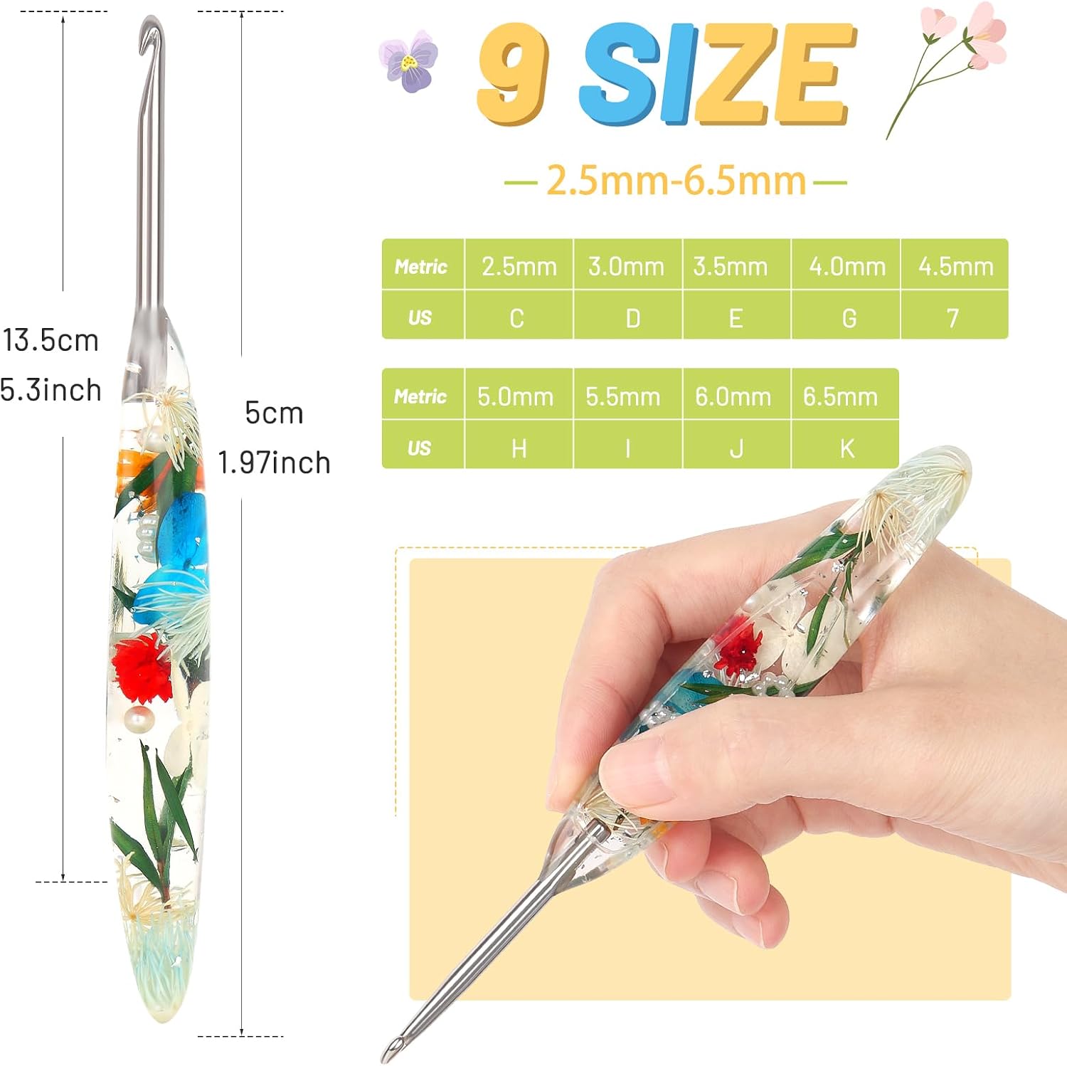 Coopay Floral Crochet Hook Set. 9Pcs Crochet Hooks with Case (2.5mm-6.5mm) | Soft Grips Crochet Needles- Smooth & Ergonomic. Great for Crocheting Blankets. Dolls. Shawls. Hats. Scarves(C-K)