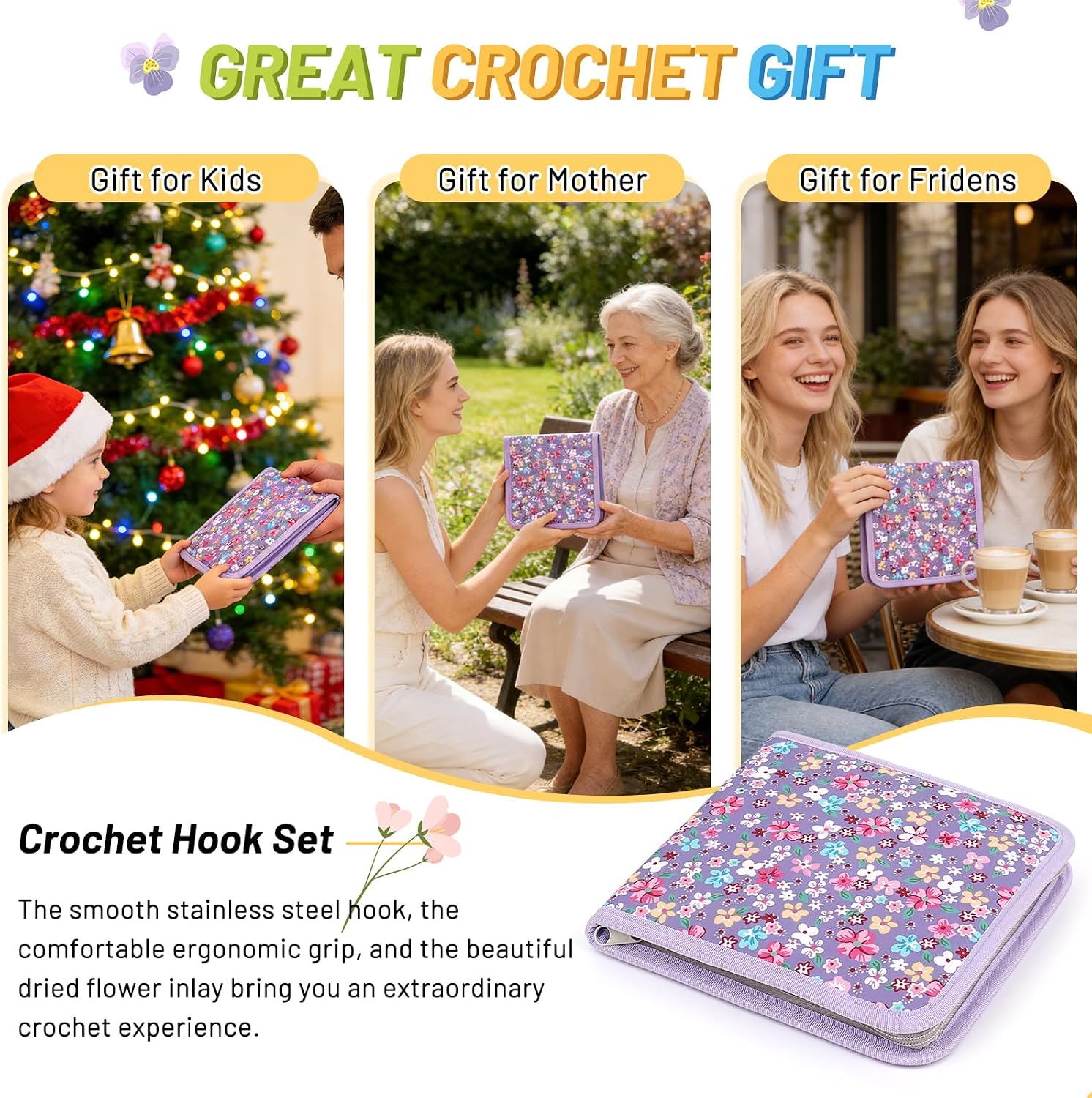 Coopay Floral Crochet Hook Set. 9Pcs Crochet Hooks with Case (2.5mm-6.5mm) | Soft Grips Crochet Needles- Smooth & Ergonomic. Great for Crocheting Blankets. Dolls. Shawls. Hats. Scarves(C-K)
