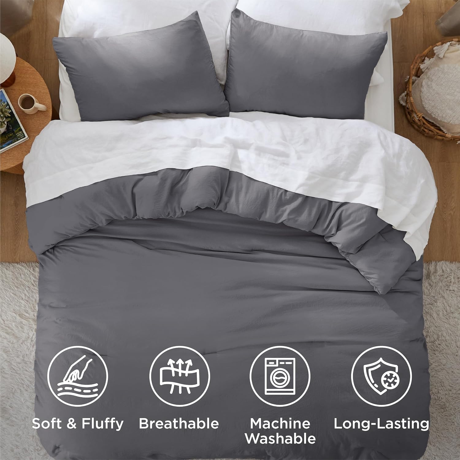 Bedsure Twin/Twin XL Comforter Set. Dark Grey Soft Prewashed Bedding for All Seasons. 2 Pieces GentleSoft™ Bed Set. 1 Lightweight Comforter (68x88) and 1 Pillowcase (20x26)
