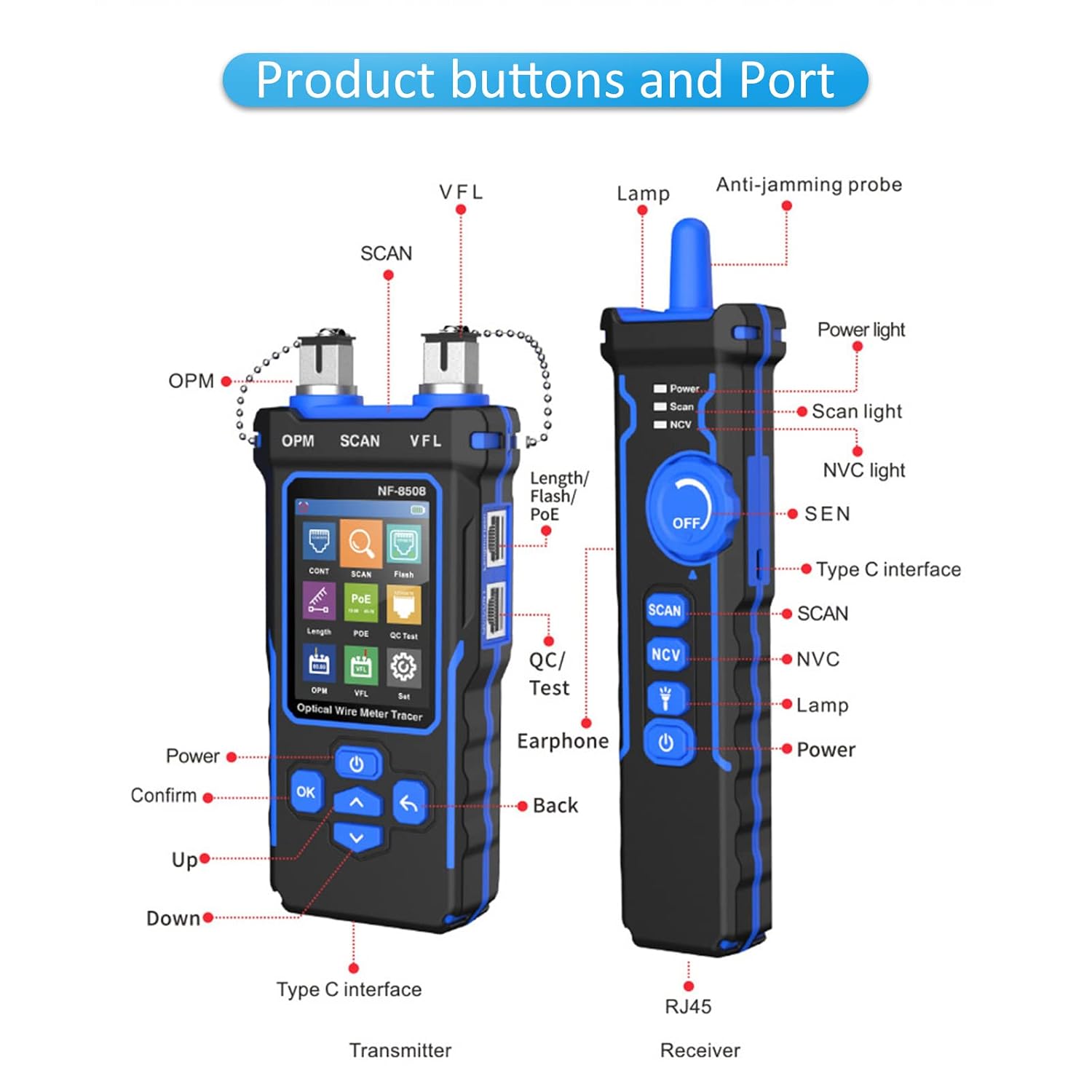 NOYAFA NF-8508 Network Cable Tester with Optical Power Meter | CAT5 CAT6 Cable Toner Ethernet Cable Tester. RJ45 Network Tester. VFL PoE QC Test Wire Tracer Port Flashing 200M Length Test