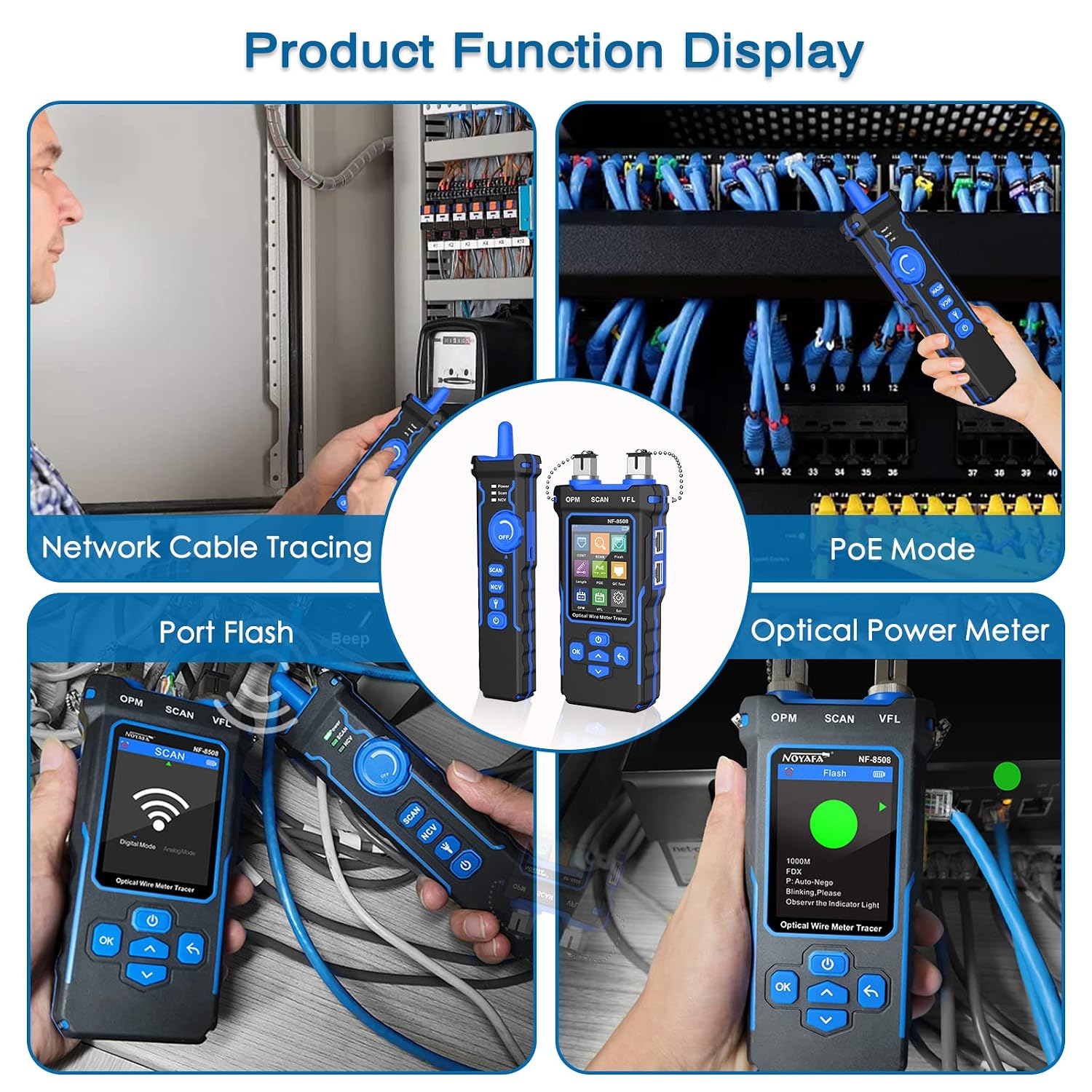 NOYAFA NF-8508 Network Cable Tester with Optical Power Meter | CAT5 CAT6 Cable Toner Ethernet Cable Tester. RJ45 Network Tester. VFL PoE QC Test Wire Tracer Port Flashing 200M Length Test