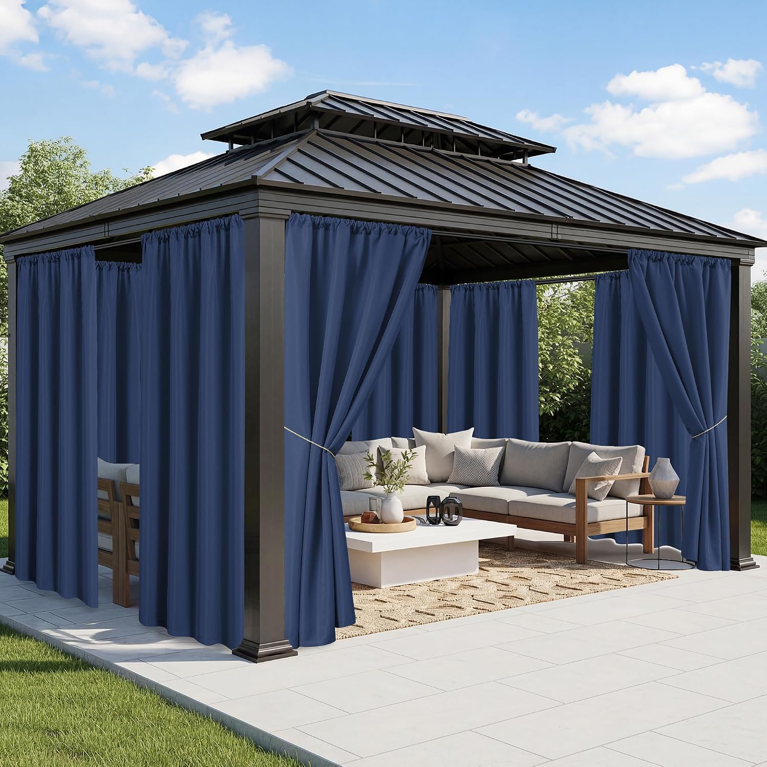 RichSets Outdoor Curtains for Patio Waterproof. 8 Panels. Rod Pocket | Weatherproof & Privacy Drapes. Outside Curtains for Gazebo. Pergola. Cabana. Balcony. 54 x 108 Inch. Navy. Patio Decor