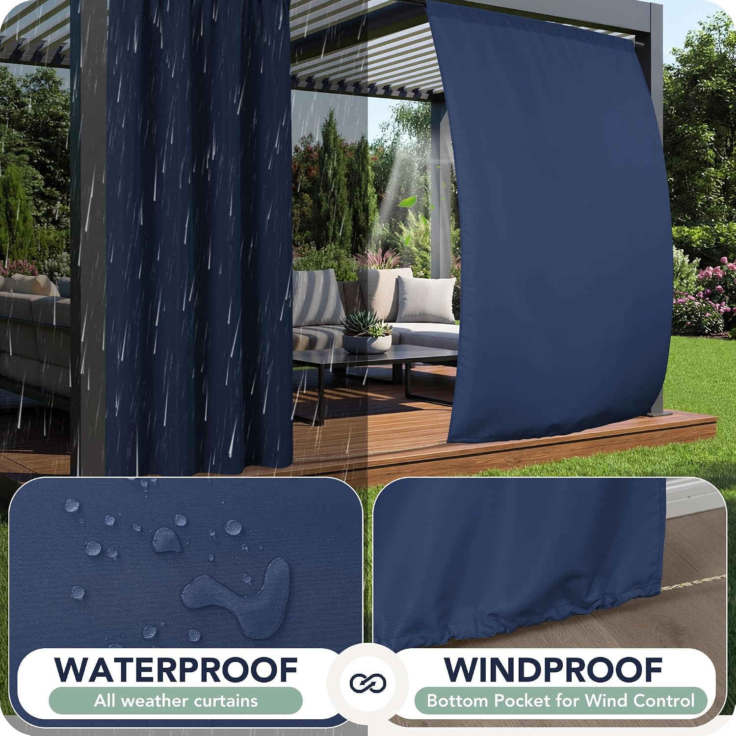 RichSets Outdoor Curtains for Patio Waterproof. 8 Panels. Rod Pocket | Weatherproof & Privacy Drapes. Outside Curtains for Gazebo. Pergola. Cabana. Balcony. 54 x 108 Inch. Navy. Patio Decor