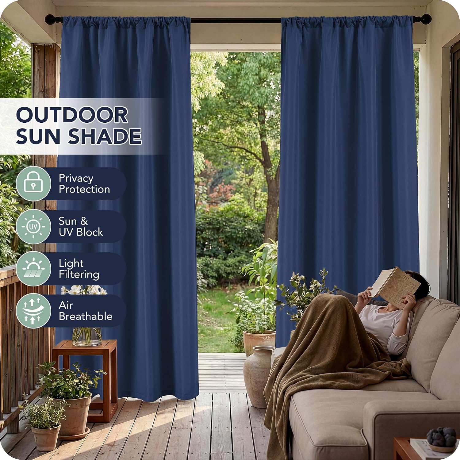 RichSets Outdoor Curtains for Patio Waterproof. 8 Panels. Rod Pocket | Weatherproof & Privacy Drapes. Outside Curtains for Gazebo. Pergola. Cabana. Balcony. 54 x 108 Inch. Navy. Patio Decor