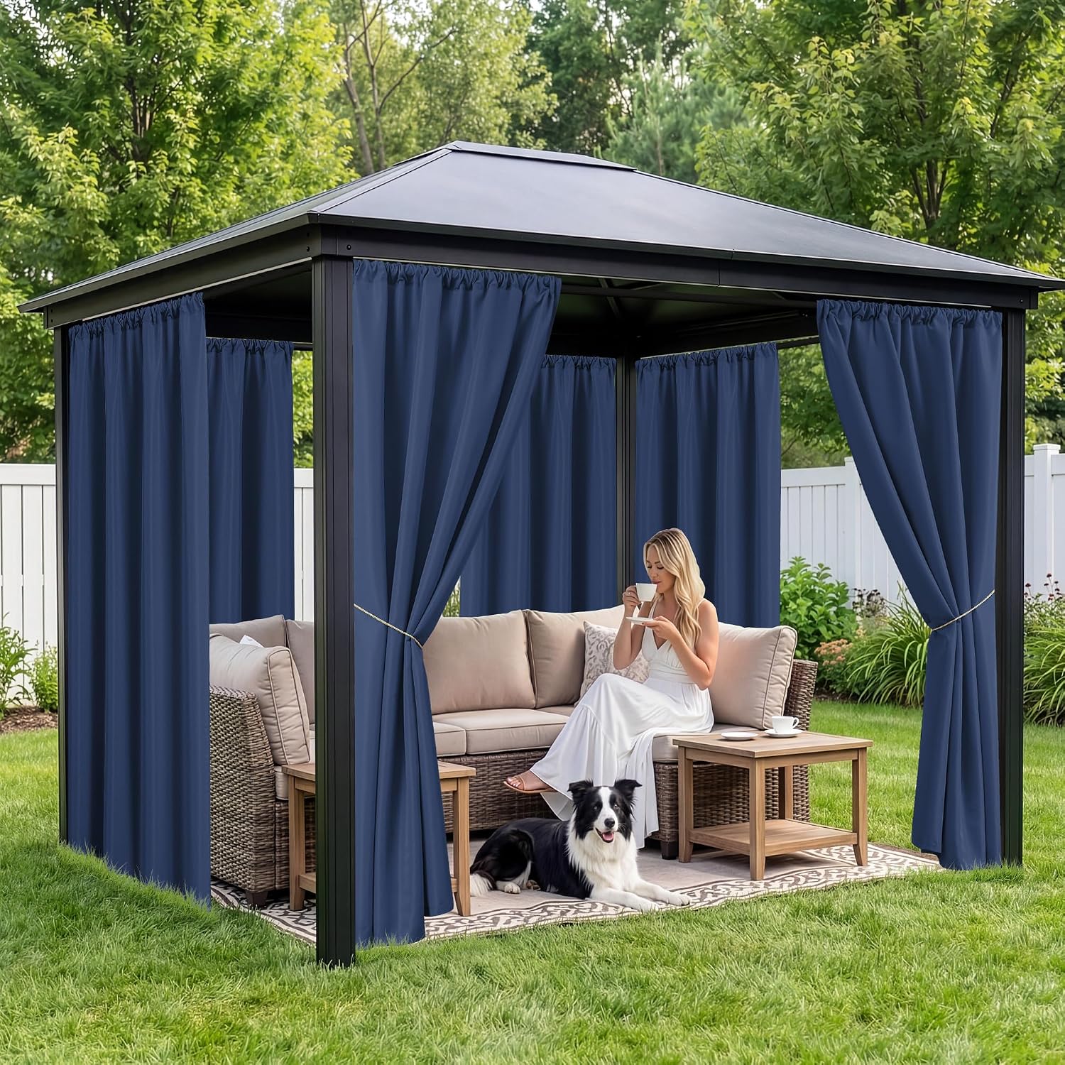 RichSets Outdoor Curtains for Patio Waterproof. 8 Panels. Rod Pocket | Weatherproof & Privacy Drapes. Outside Curtains for Gazebo. Pergola. Cabana. Balcony. 54 x 108 Inch. Navy. Patio Decor