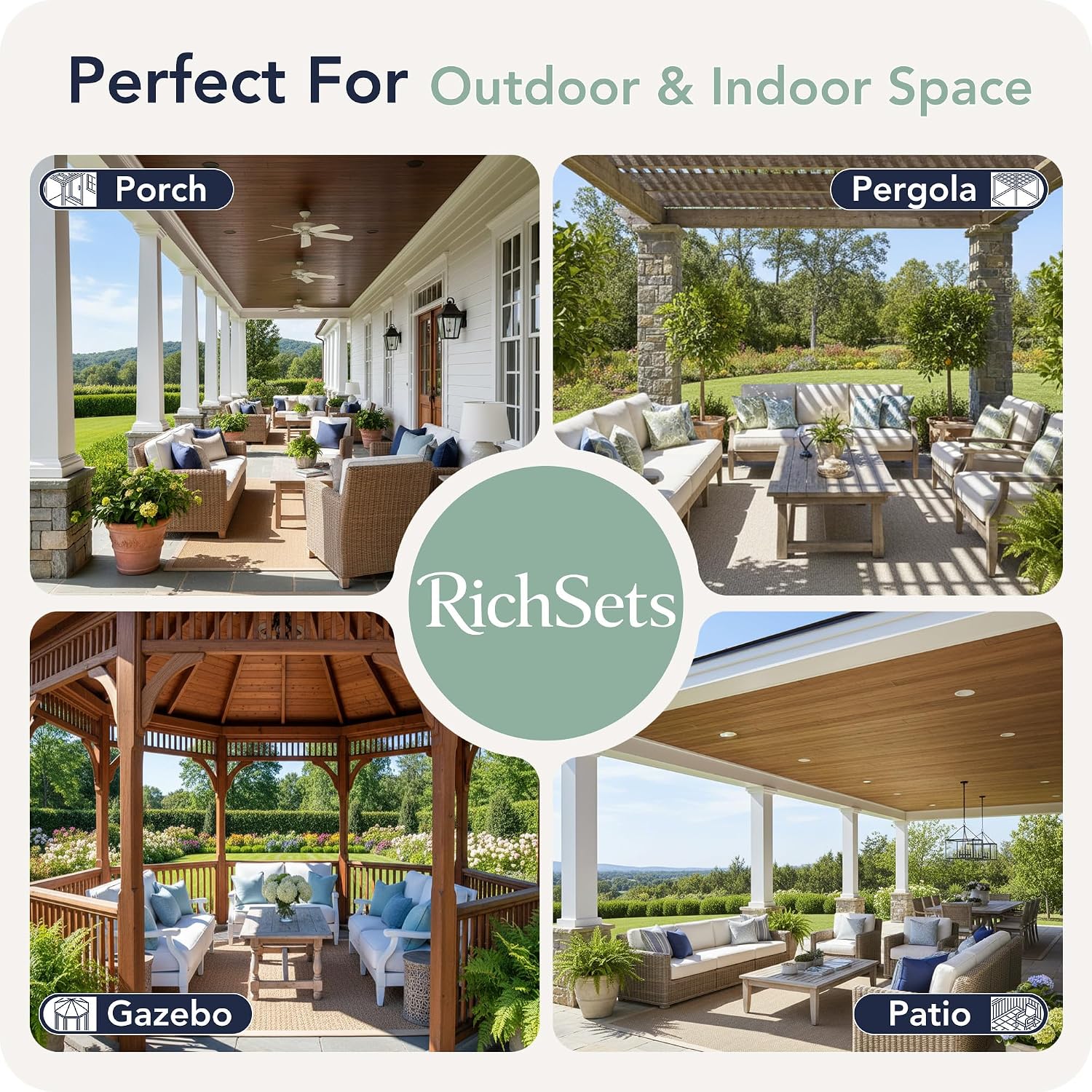 RichSets Outdoor Curtains for Patio Waterproof. 8 Panels. Rod Pocket | Weatherproof & Privacy Drapes. Outside Curtains for Gazebo. Pergola. Cabana. Balcony. 54 x 108 Inch. Navy. Patio Decor
