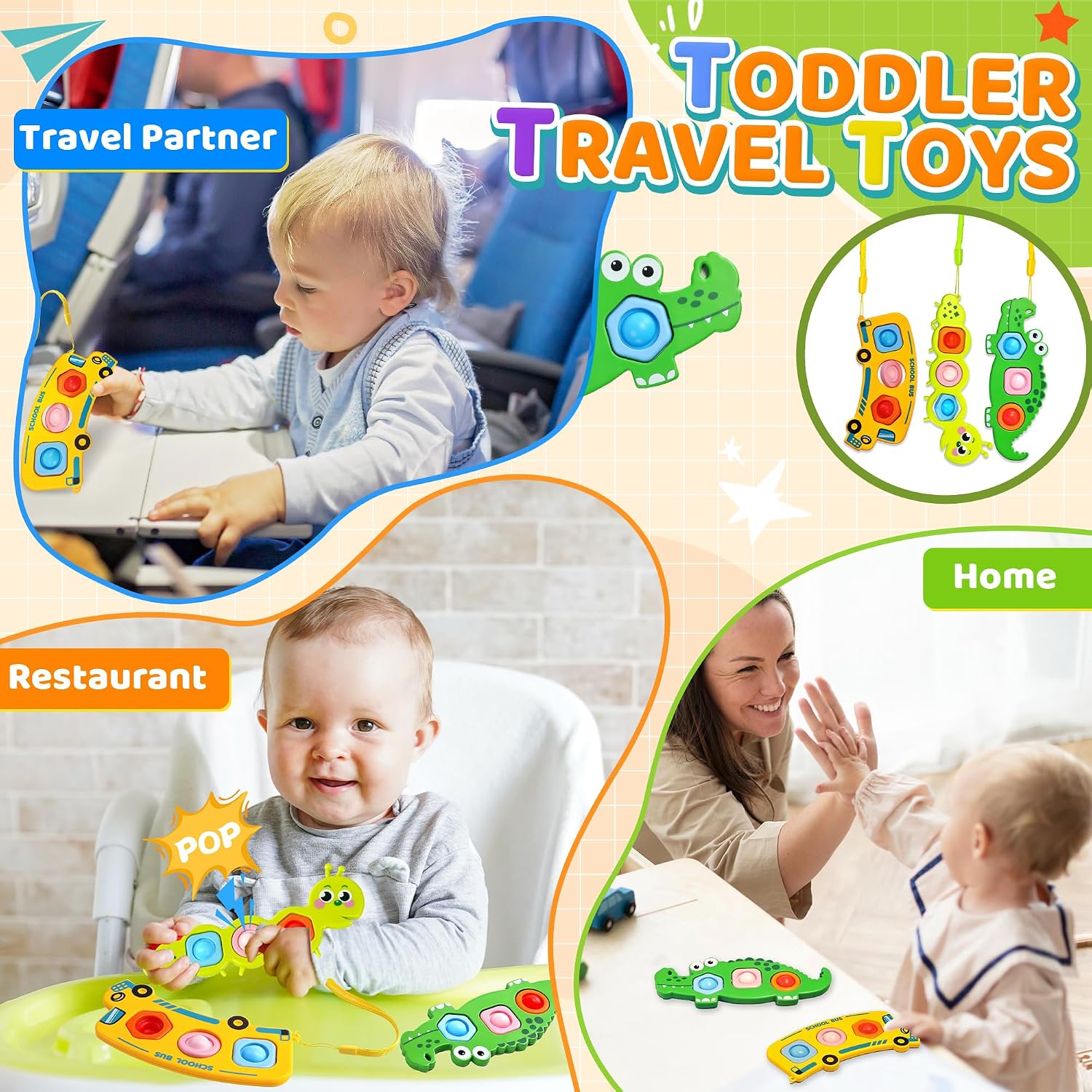 3PC Fidget Popper Sensory Toys Airplane Travel Activities for Toddlers Pop It Fidget Toys for 12+ Month Babies 1 2 3 Year Old Girls Boys Christmas Stocking Stuffer Easter Basket Stuffer Gift