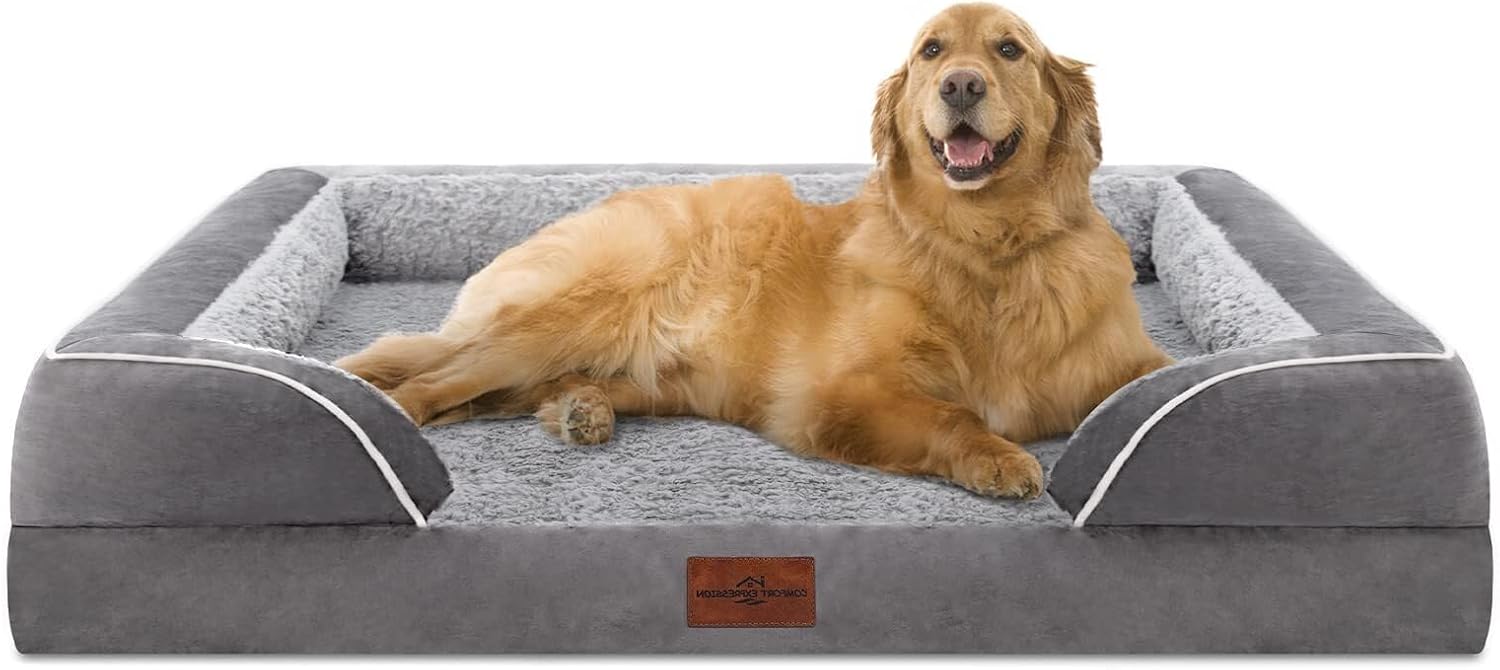 Comfort Expression Waterproof Orthopedic Dog Bed for Extra Large Dogs | Supportive Egg Crate Foam XL Pet Bed with Removable Bolster. Dog Couch with Washable Cover & Non-Slip Bottom. 42x30 Inch