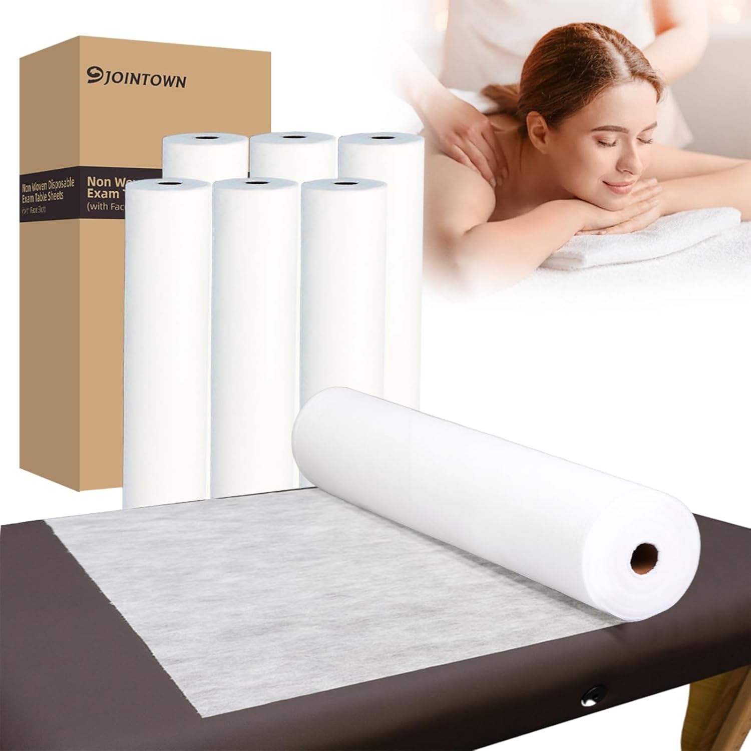 Jointown Disposable Massage Table Sheets-71 x 31.5 x 50 Sheets/Roll-30 g/㎡-6 Roll Non woven Bed Sheets with Face Hole -Soft and Durable Table Cove Ideal for Spa. Massage Table. Tattoo. Waxing Table