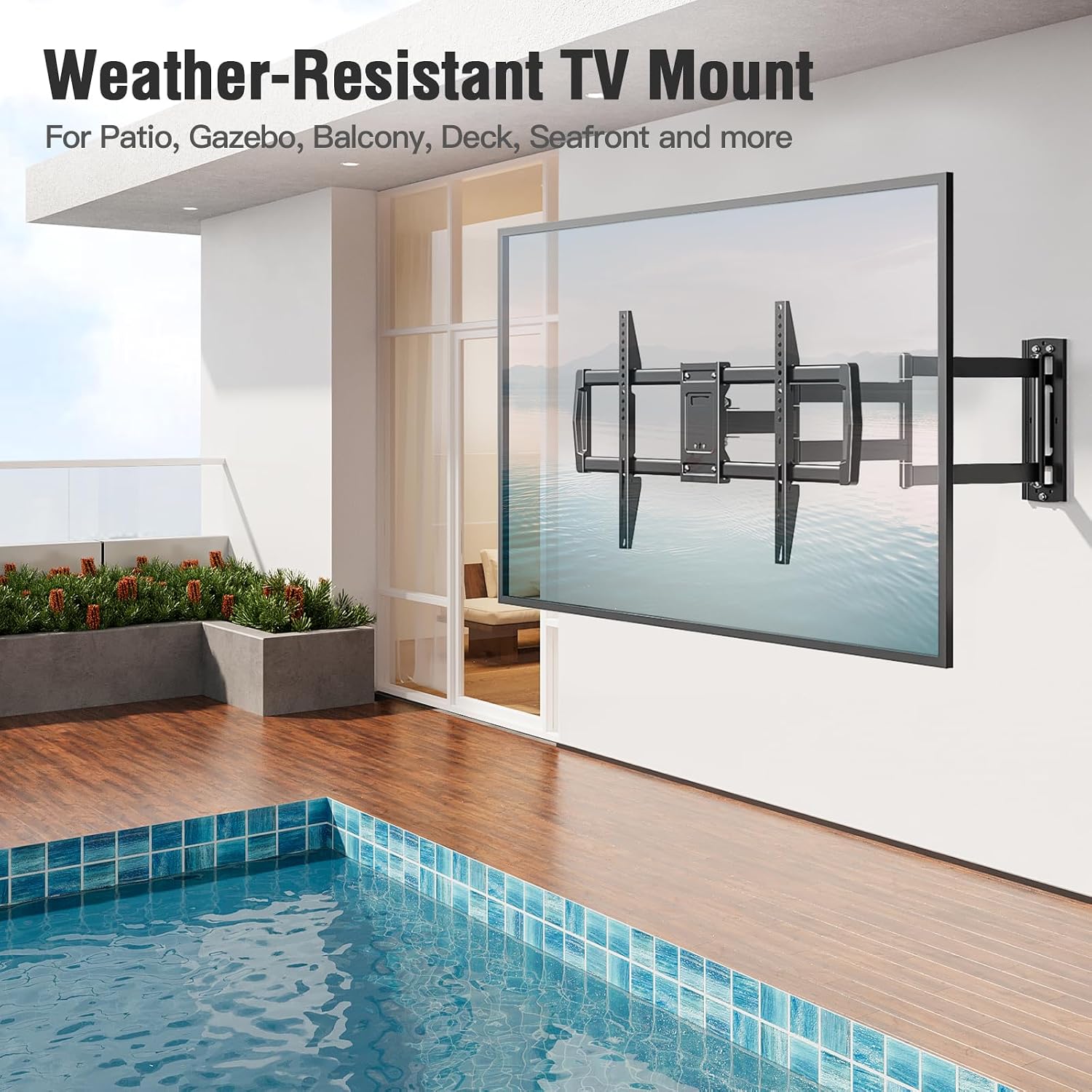 Outdoor TV Wall Mount Waterproof for 42-75 Inch TVs. 37.9 Long Extend Arm | Weatherproof Corner TV Bracket Antirust for Patio Gazebo. Full Motion Swviel. Tilt. Level. Max VESA 600x400mm. Holds 99 lbs.