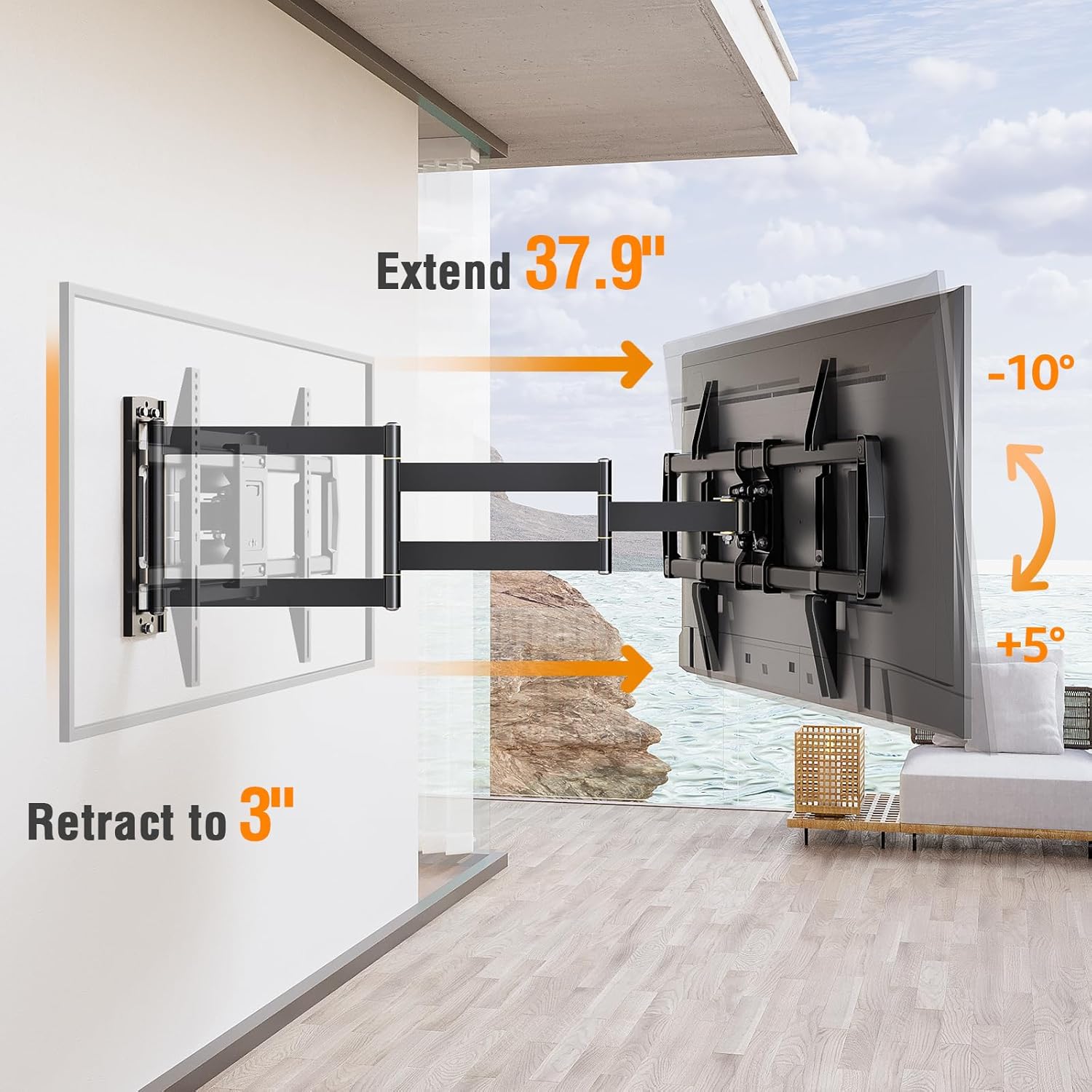 Outdoor TV Wall Mount Waterproof for 42-75 Inch TVs. 37.9 Long Extend Arm | Weatherproof Corner TV Bracket Antirust for Patio Gazebo. Full Motion Swviel. Tilt. Level. Max VESA 600x400mm. Holds 99 lbs.