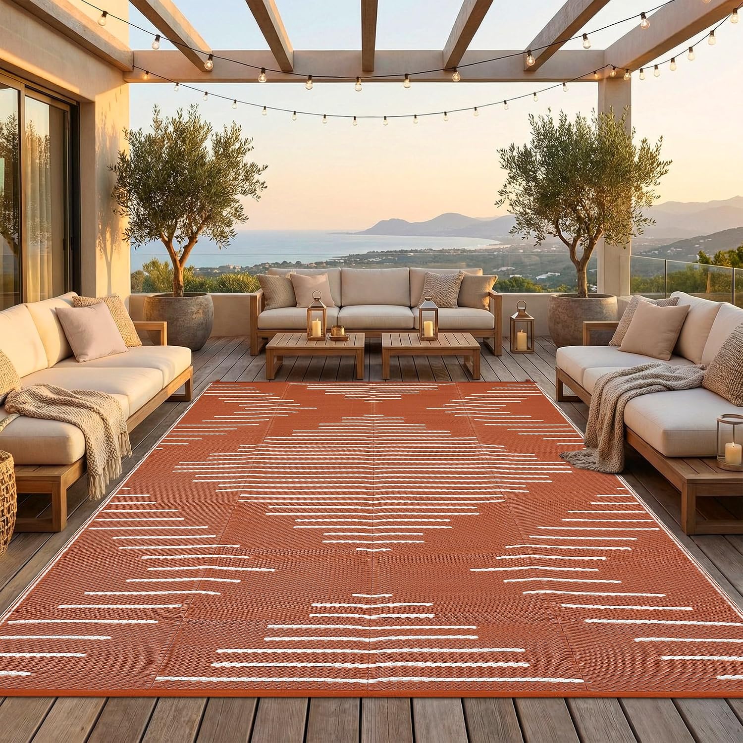 Garvee 10x14 Outdoor Waterproof Rugs for Backyard Terracotta White | Easy-Cleaning Plastic Reversible Rugs Indoor Outdoor RV Mat Carpet for Patio Backyard Porch RV Beach Picnic