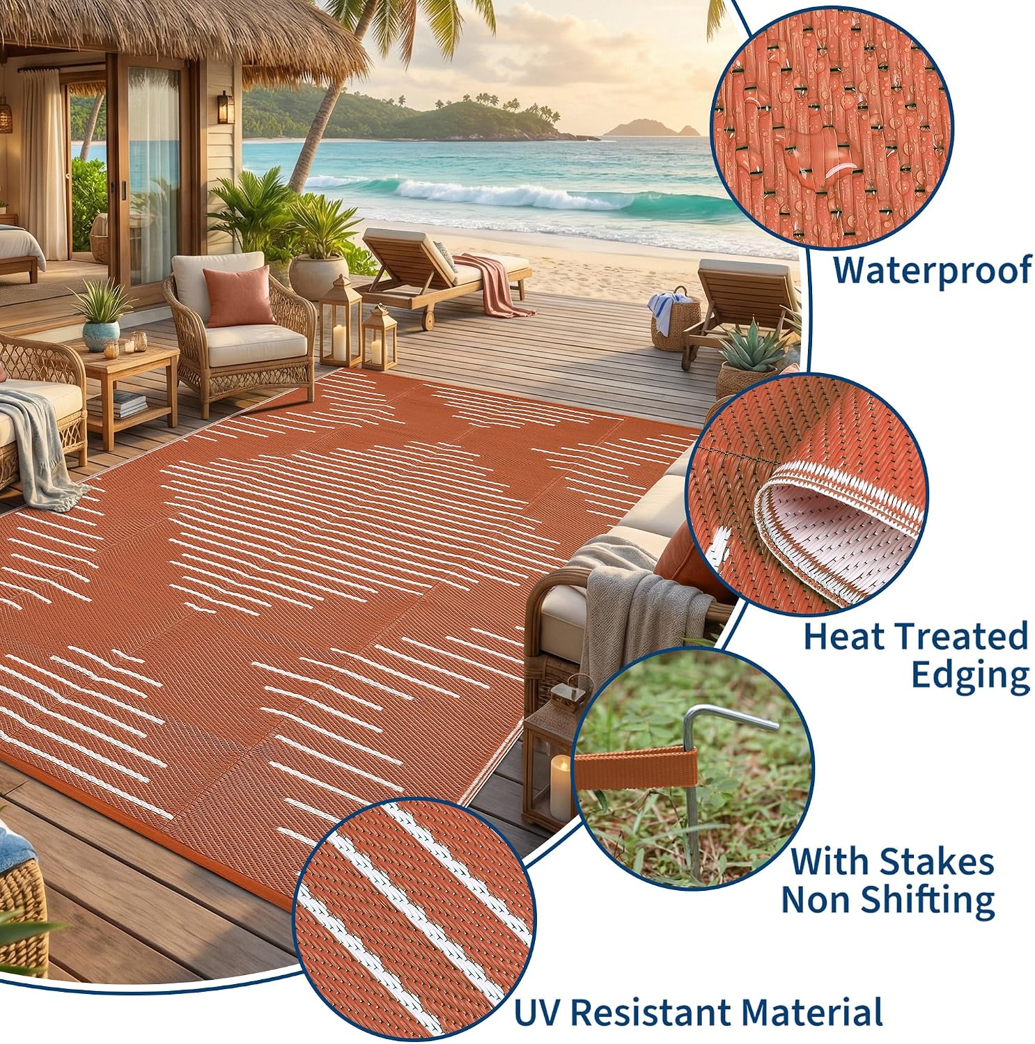 Garvee 10x14 Outdoor Waterproof Rugs for Backyard Terracotta White | Easy-Cleaning Plastic Reversible Rugs Indoor Outdoor RV Mat Carpet for Patio Backyard Porch RV Beach Picnic