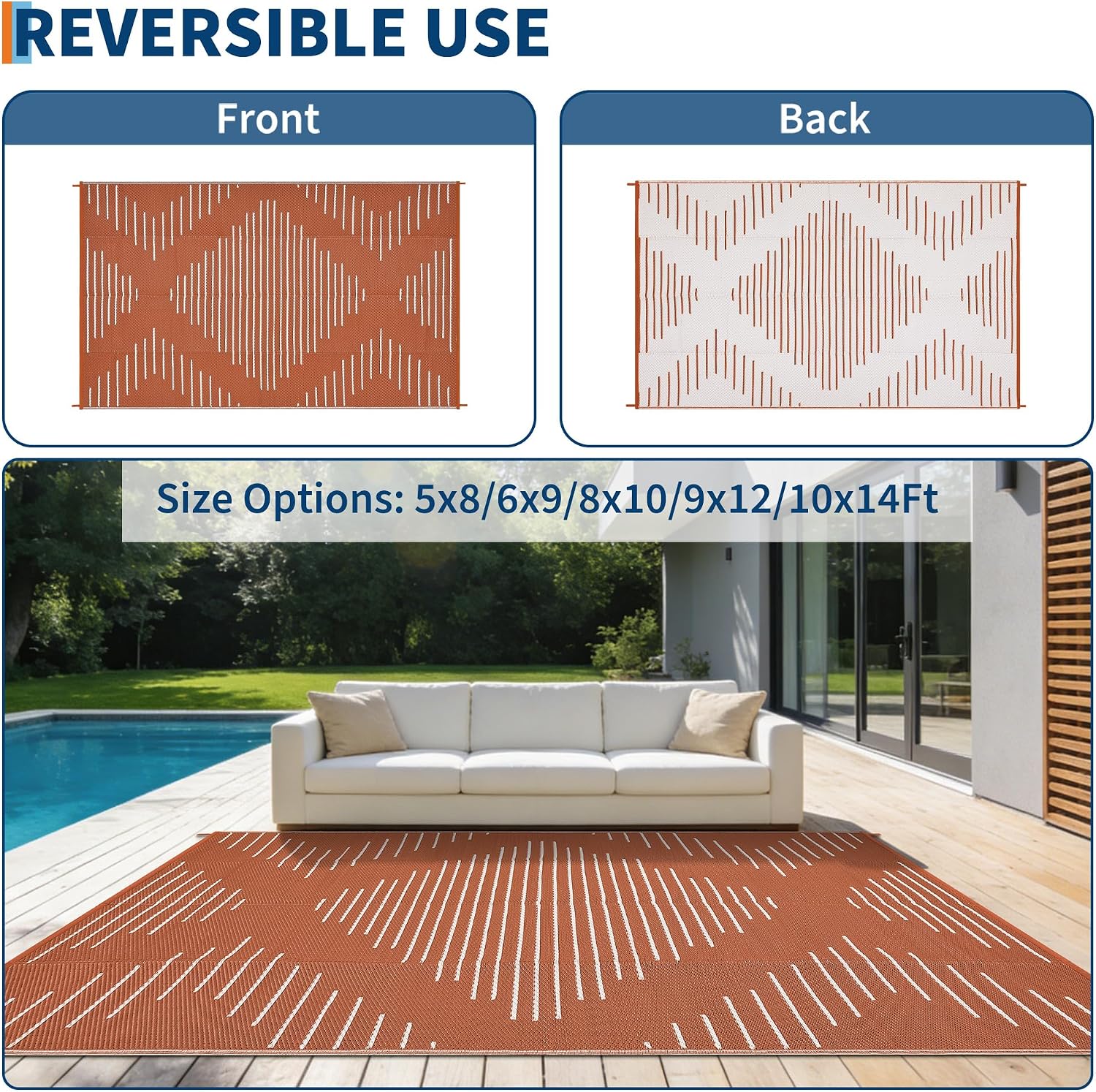 Garvee 10x14 Outdoor Waterproof Rugs for Backyard Terracotta White | Easy-Cleaning Plastic Reversible Rugs Indoor Outdoor RV Mat Carpet for Patio Backyard Porch RV Beach Picnic