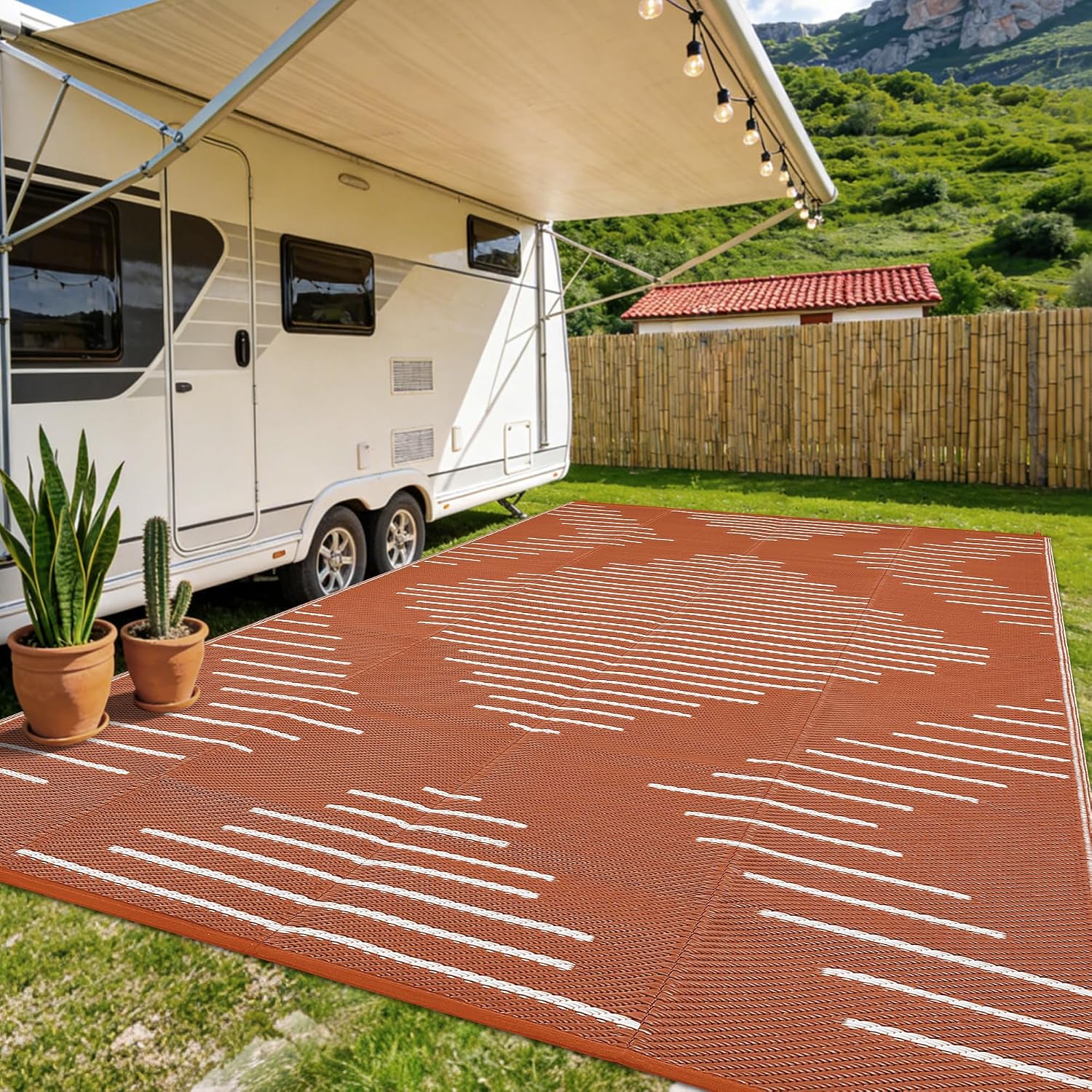 Garvee 10x14 Outdoor Waterproof Rugs for Backyard Terracotta White | Easy-Cleaning Plastic Reversible Rugs Indoor Outdoor RV Mat Carpet for Patio Backyard Porch RV Beach Picnic