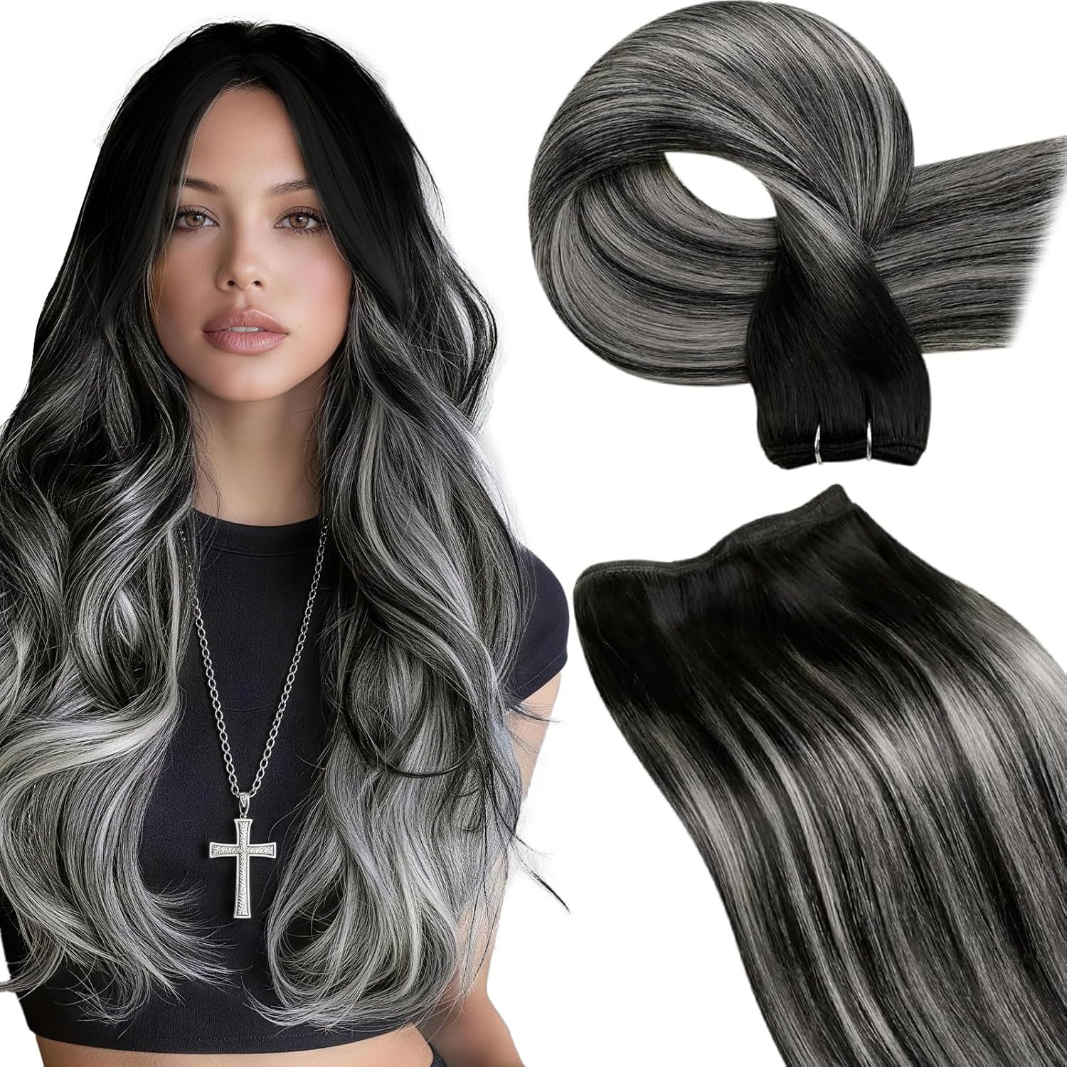 LaaVoo Human Hair Weft Extensions. 24 Inch 100g Black Balayage Silver Grey. Weft Hair Extensions Double Straight for Women