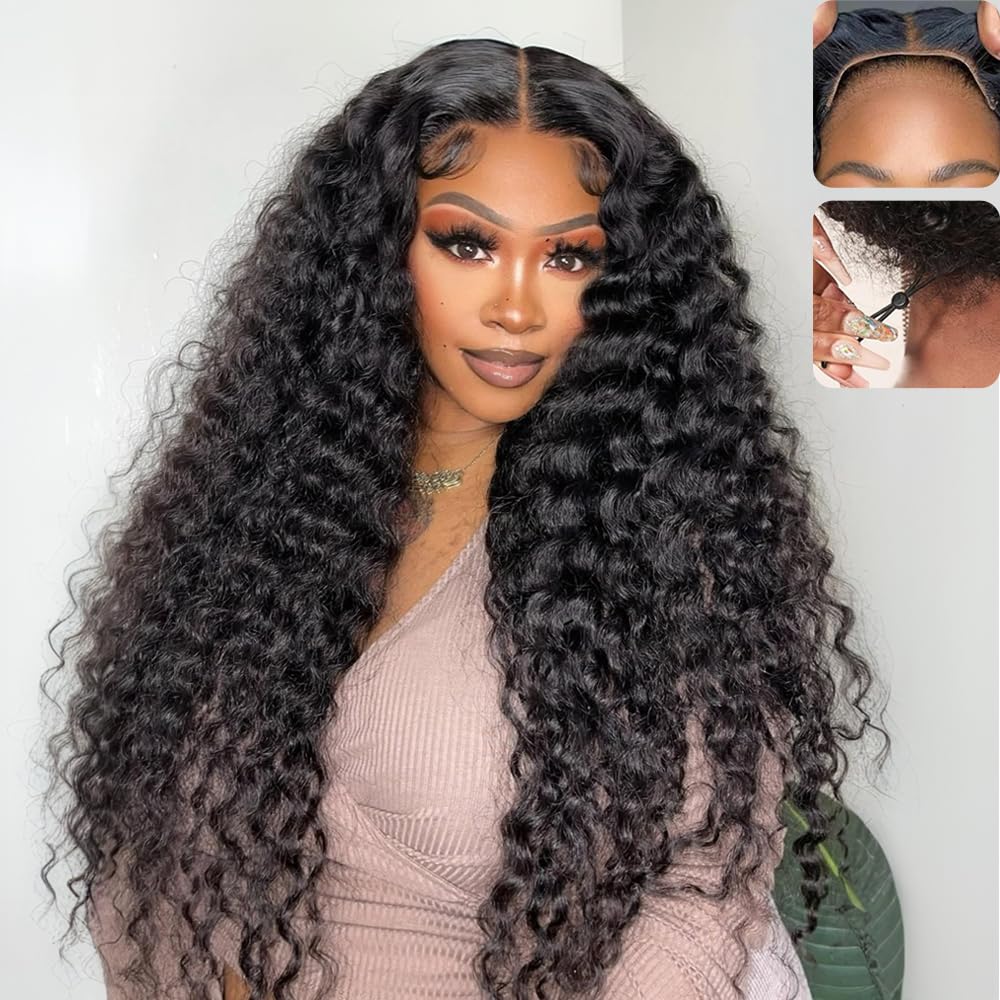 QUANDIAN Deep Wave Glueless Wigs Human Hair Pre Plucked Pre Cut 7x5 HD Lace 210% Density Deep Wave Lace Front Wigs Human Hair 24 Inch Upgraded No Glue Drawstring Wig for Beginners 3 Seconds to Wear