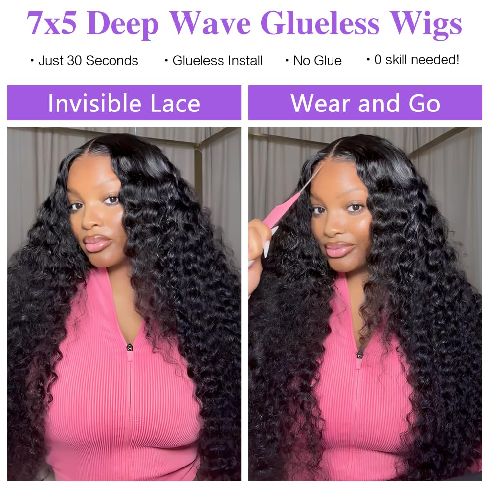 QUANDIAN Deep Wave Glueless Wigs Human Hair Pre Plucked Pre Cut 7x5 HD Lace 210% Density Deep Wave Lace Front Wigs Human Hair 24 Inch Upgraded No Glue Drawstring Wig for Beginners 3 Seconds to Wear