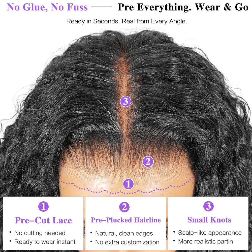 QUANDIAN Deep Wave Glueless Wigs Human Hair Pre Plucked Pre Cut 7x5 HD Lace 210% Density Deep Wave Lace Front Wigs Human Hair 24 Inch Upgraded No Glue Drawstring Wig for Beginners 3 Seconds to Wear