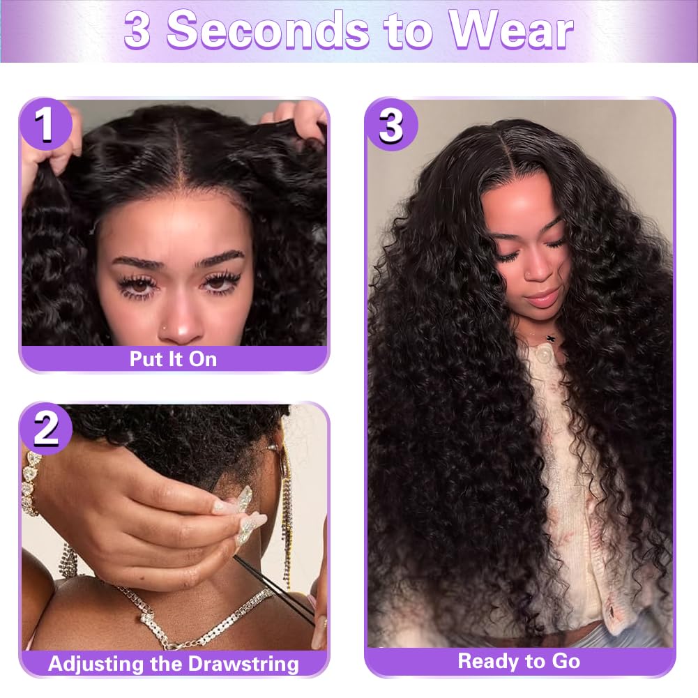 QUANDIAN Deep Wave Glueless Wigs Human Hair Pre Plucked Pre Cut 7x5 HD Lace 210% Density Deep Wave Lace Front Wigs Human Hair 24 Inch Upgraded No Glue Drawstring Wig for Beginners 3 Seconds to Wear