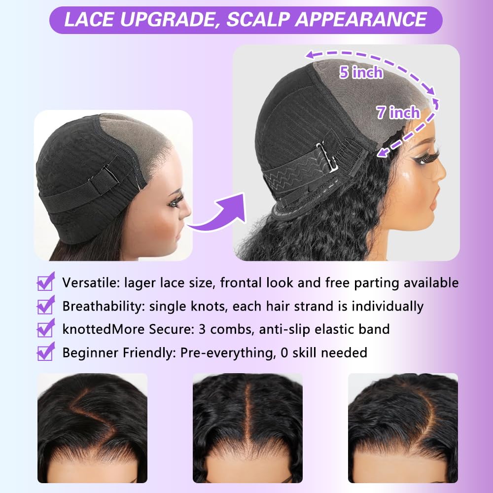 QUANDIAN Deep Wave Glueless Wigs Human Hair Pre Plucked Pre Cut 7x5 HD Lace 210% Density Deep Wave Lace Front Wigs Human Hair 24 Inch Upgraded No Glue Drawstring Wig for Beginners 3 Seconds to Wear