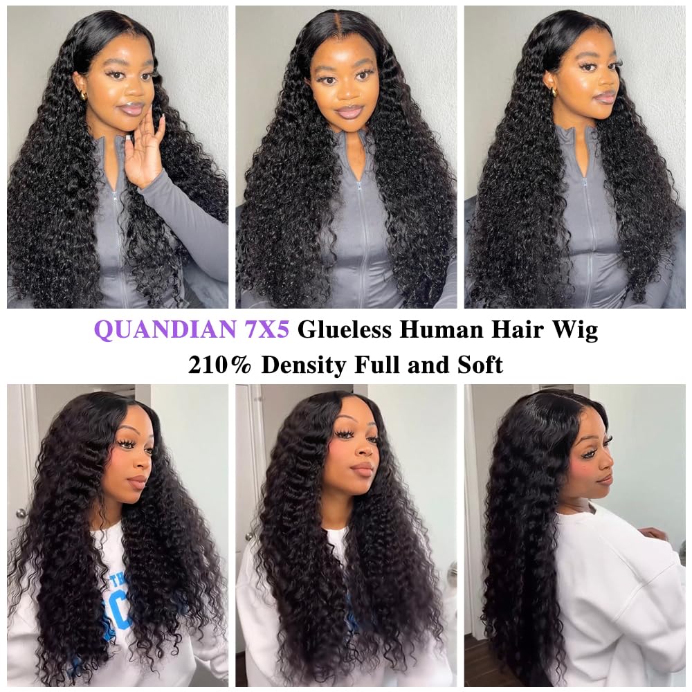 QUANDIAN Deep Wave Glueless Wigs Human Hair Pre Plucked Pre Cut 7x5 HD Lace 210% Density Deep Wave Lace Front Wigs Human Hair 24 Inch Upgraded No Glue Drawstring Wig for Beginners 3 Seconds to Wear