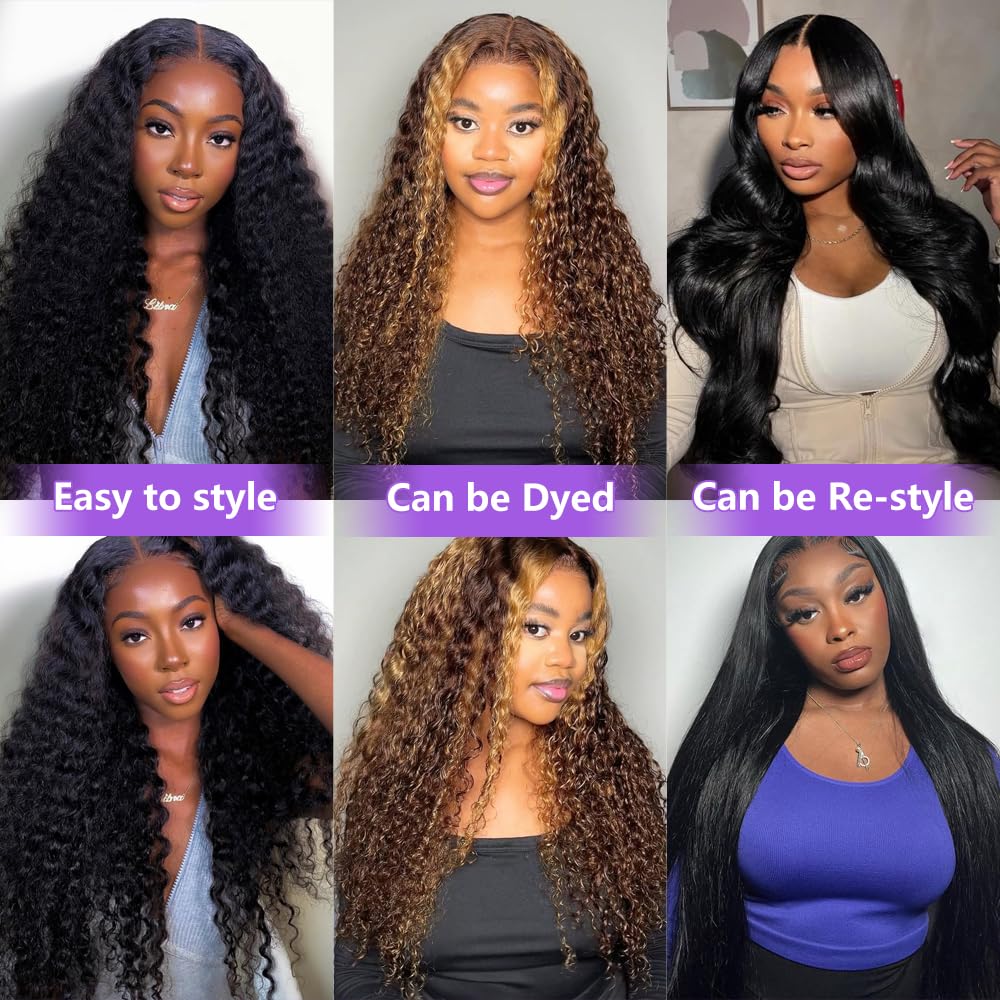 QUANDIAN Deep Wave Glueless Wigs Human Hair Pre Plucked Pre Cut 7x5 HD Lace 210% Density Deep Wave Lace Front Wigs Human Hair 24 Inch Upgraded No Glue Drawstring Wig for Beginners 3 Seconds to Wear