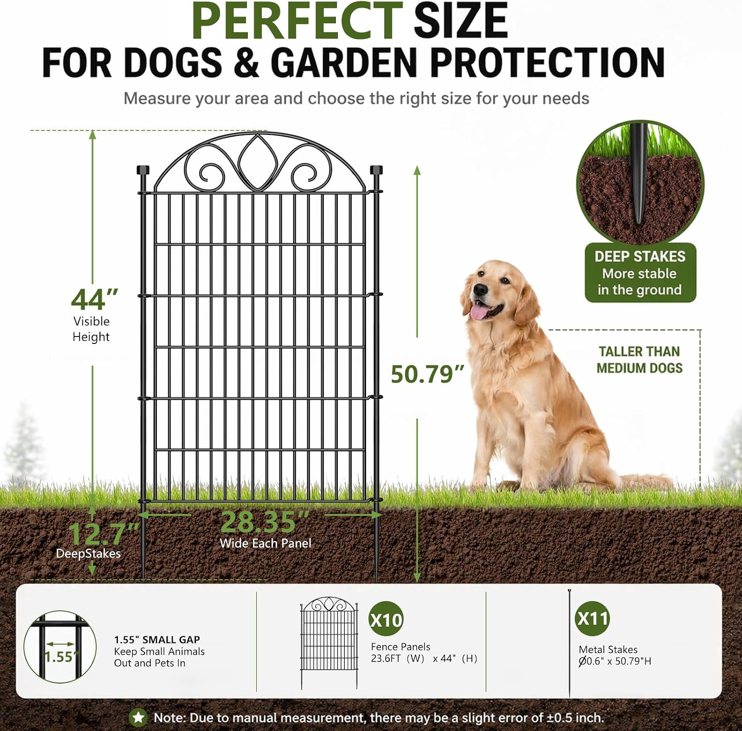 No Dig Garden Fence Outdoor for Yard. 10 Panels with Gate | 44in(H) x23.6ft(L) Rustproof Metal Animal Barrier. Temporary Dog Fence. Decorative Fencing for Flower Bed. Patio. and Pet