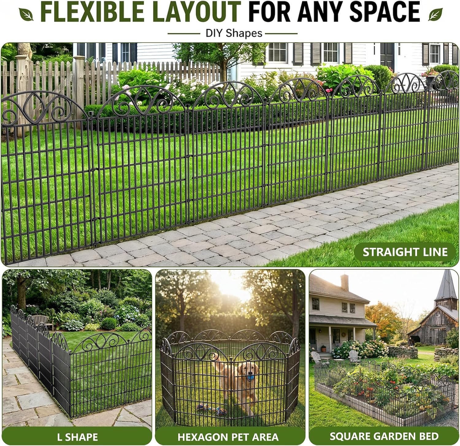 No Dig Garden Fence Outdoor for Yard. 10 Panels with Gate | 44in(H) x23.6ft(L) Rustproof Metal Animal Barrier. Temporary Dog Fence. Decorative Fencing for Flower Bed. Patio. and Pet